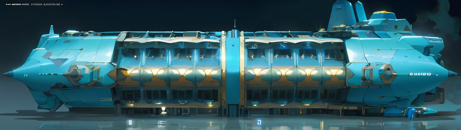 There is a blue and gold submarine that is on display, art nouveau octane render, Cantina Solarpunk, futuristic palace, textura do casco da nave espacial, pintura de nave espacial ornamentada, Vencedor do concurso Polycount, neofuturista altamente detalhado, Detailed science fiction backgrounds - fi, exterior do templo scifi, sci-fi altamente detalhado, trending on polycount, Ativo do jogo, motor scifi luminoso