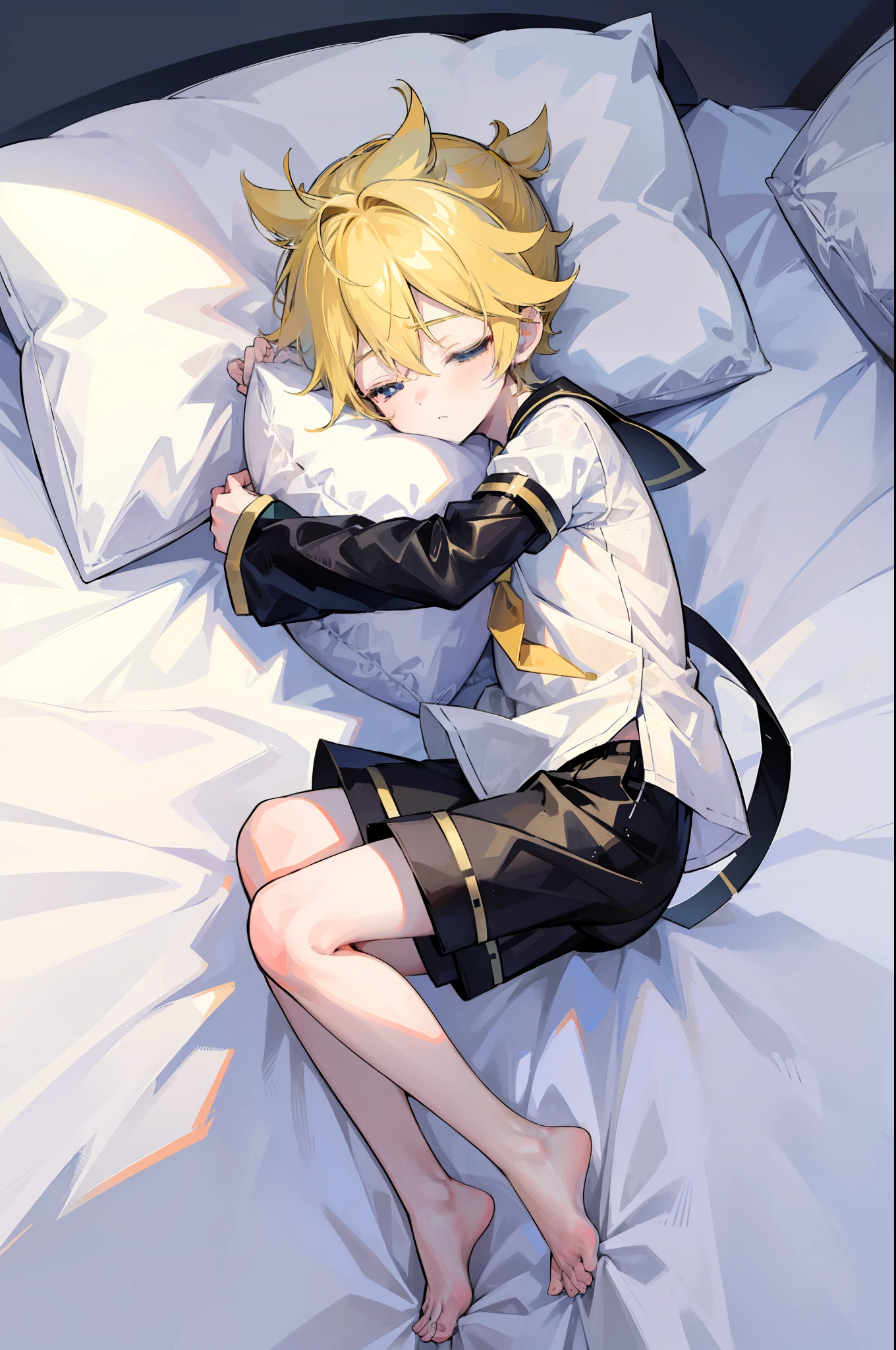 best quality, ultra precision, (one boy), (Len_Kagamine), cute, cool, blond hair, shota, cowlick, sailor uniform, black short pants, slender,  your cute boyfriend, innocent, boy model, boy is cute like a girl, on bed, lying on bed, sleep peacefully, close eyes, boy is sleeping well, hugging pillow, full body