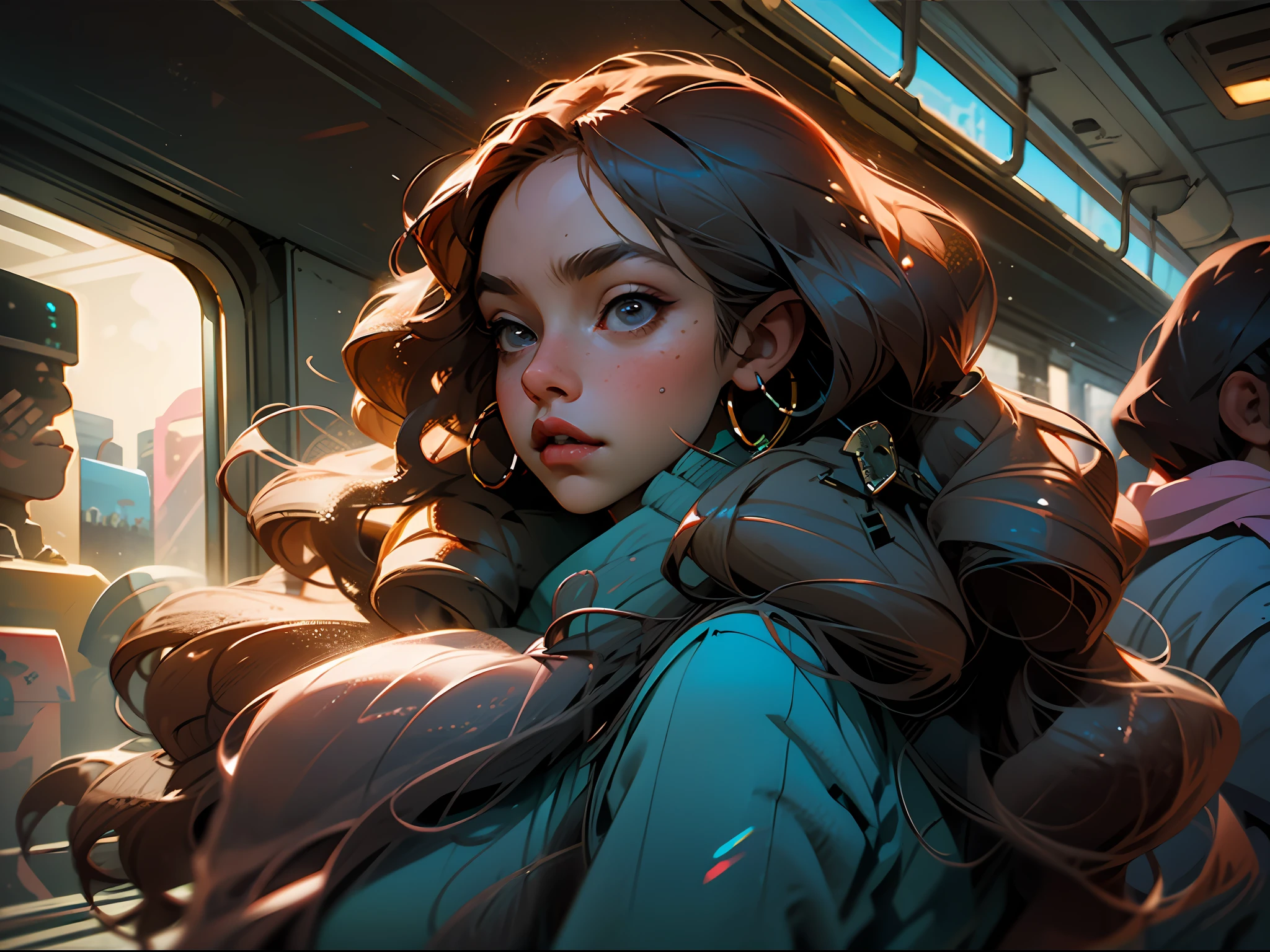 Beautiful brown-haired girl with long wavy red hair riding the train, several people, artificial lighting, background a city seen through the train window