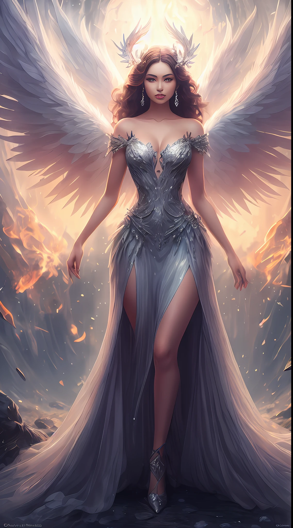 Una mujer con un vestido con alas y una corona en la cabeza, con ardientes alas doradas de llamas, con ardientes alas doradas, full - body majestic angel, aparece como la diosa del fuego, fantasy art behance, Diosa de la ira, beautiful female angel, tall female angel, Diosa del Fuego, beautiful angel, Ganador del concurso CGSOCIETY!!!, Ganador del concurso CGSOCIETY!!