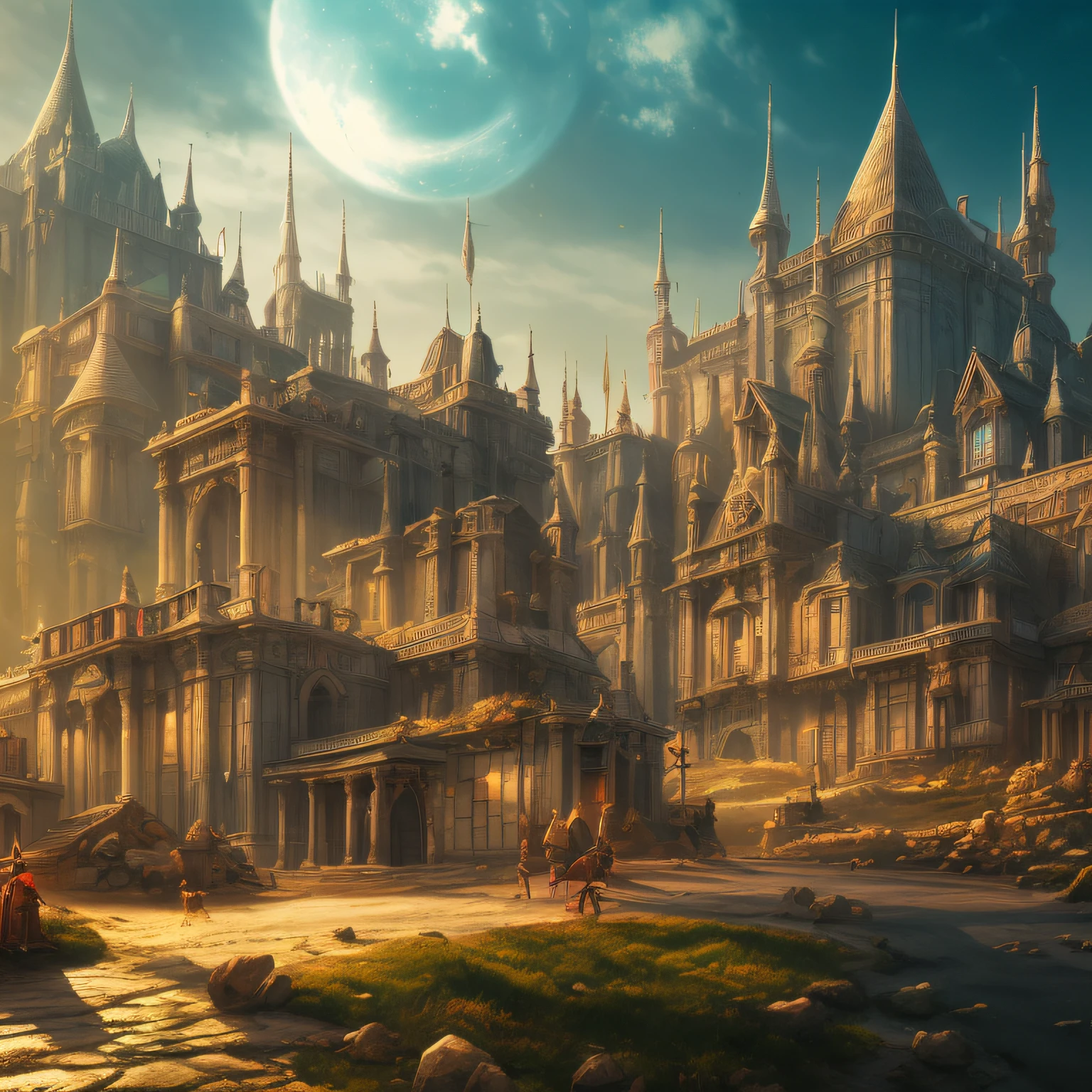 Surreal cityscapes, elves castle, Otherworldly, Magical, Decorated, HD, Scenic, Rays of light, Octane rendering, 8k resolution, Tropical sky environment, Hyper-detailed, Otherworldly, Complex composition, Cinematic lighting