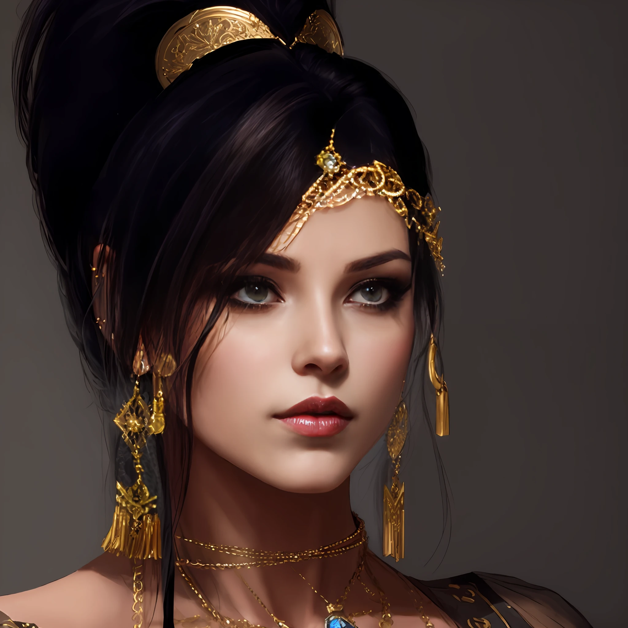 arafed woman with a piercing and a necklace on her neck, second life avatar, inspired by Ren Renfa, mesh headdress, with very highly detailed face, piercing gaze, alluring mesmer woman, wlop glossy skin, character close up, glamor profile pose, wearing gothic accessories, inspired in kris from deltarrune, cinematic goddess close shot