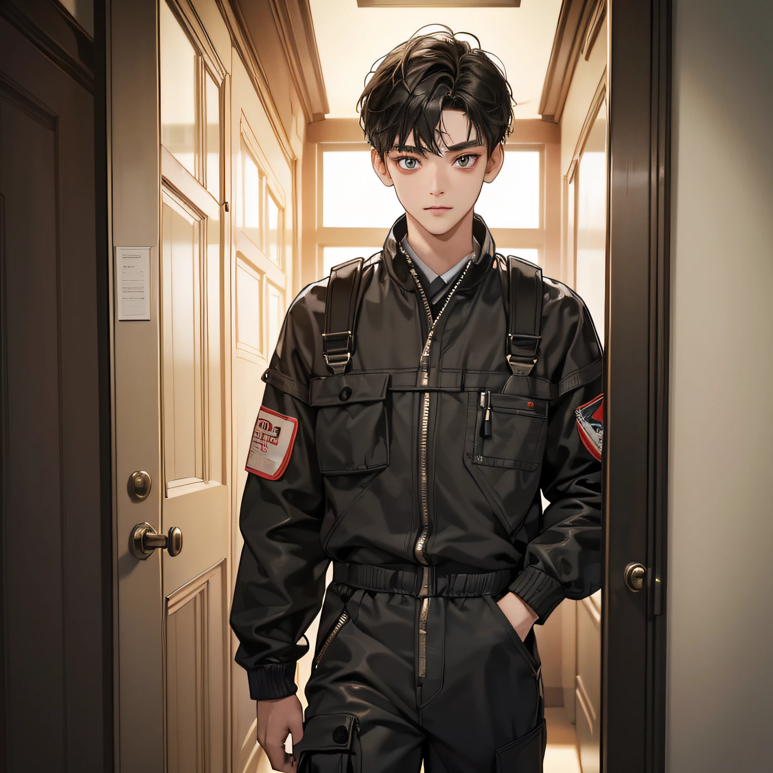 (in 8K、topquality、tmasterpiece:1.2)、1 boy、Skinny macho、pretty eyes, beutiful、Upper torso, short black hair, Asiatic, scar on the cheek, full gray auto mechanic jumpsuit, stands in the corridor of the hotel, Frame through the door frame, surprised face, mouth open, Looking Up