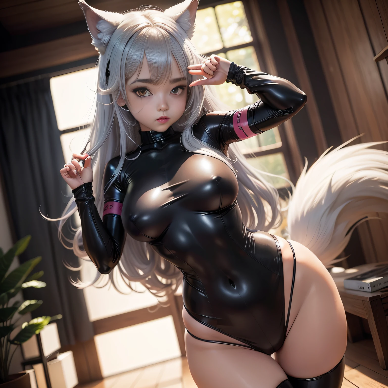female, adulto jovem, divindade, wolfgirl, peito pequeno, sem underware, muito fofo, tail, Bodysuit, clivagem, muito bonita, nua, fazer kamehameha