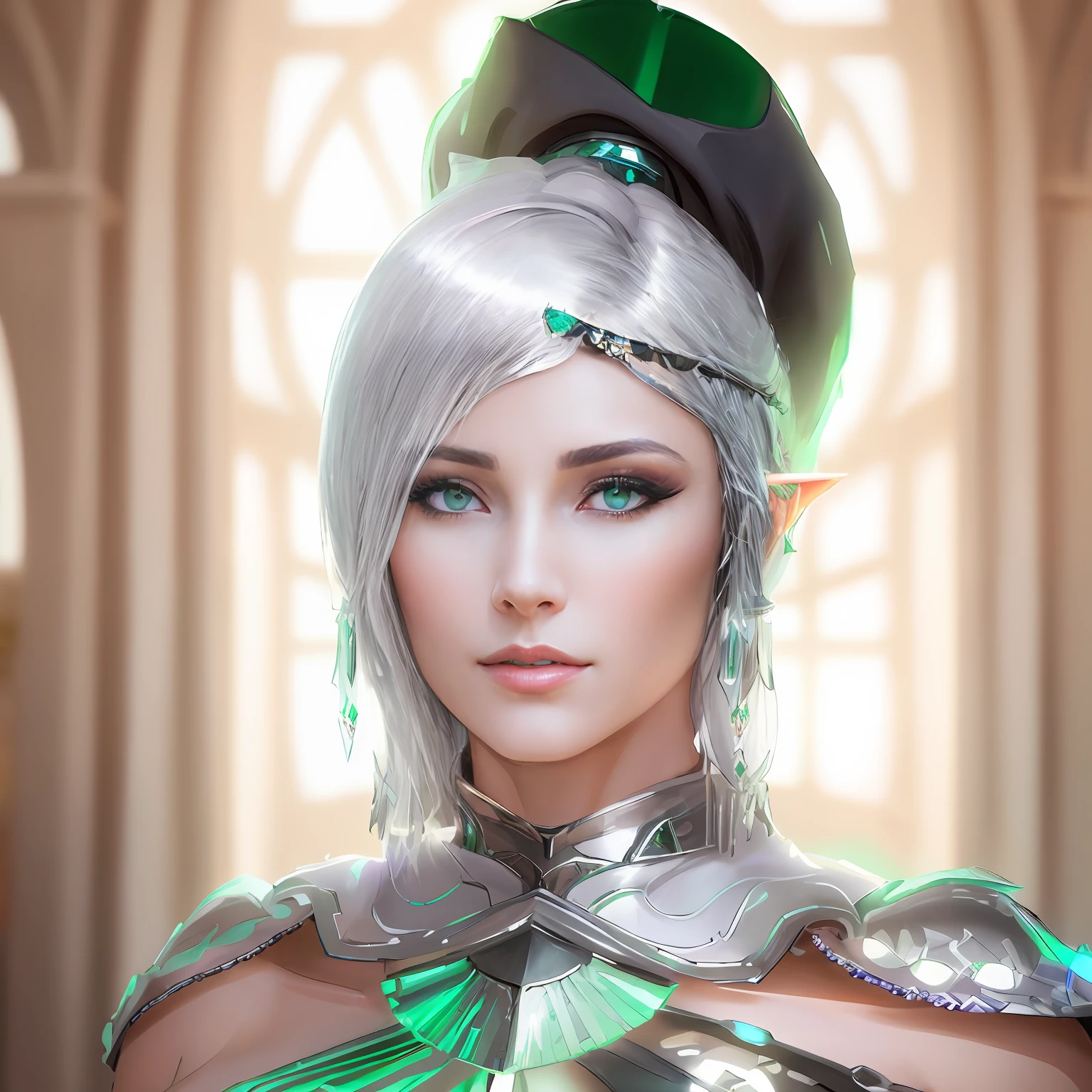 arafed woman with a green dress and a black hat, beautiful cyborg priestess, hyperdetailed fantasy character, wlop glossy skin, elven character with smirk, render of mirabel madrigal, cyborg noble woman, portrait of a cyborg queen, unreal engine render + a goddess, female character, cyborg - girl with silver hair, sci - fi look