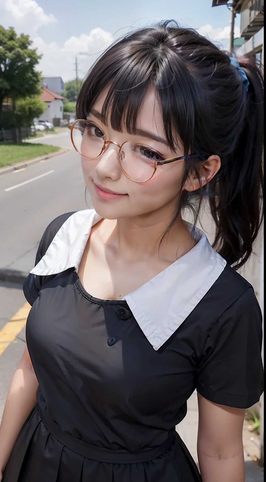 Black-haired schoolgirl、Round glasses、flat chest、ponytail with bangs in the central part,,,,、Casual dress、skirt by the、A smile、Country town on a summer day、blue-sky、A detailed face、Looking Up、Top resolution、Hi-Res、​masterpiece