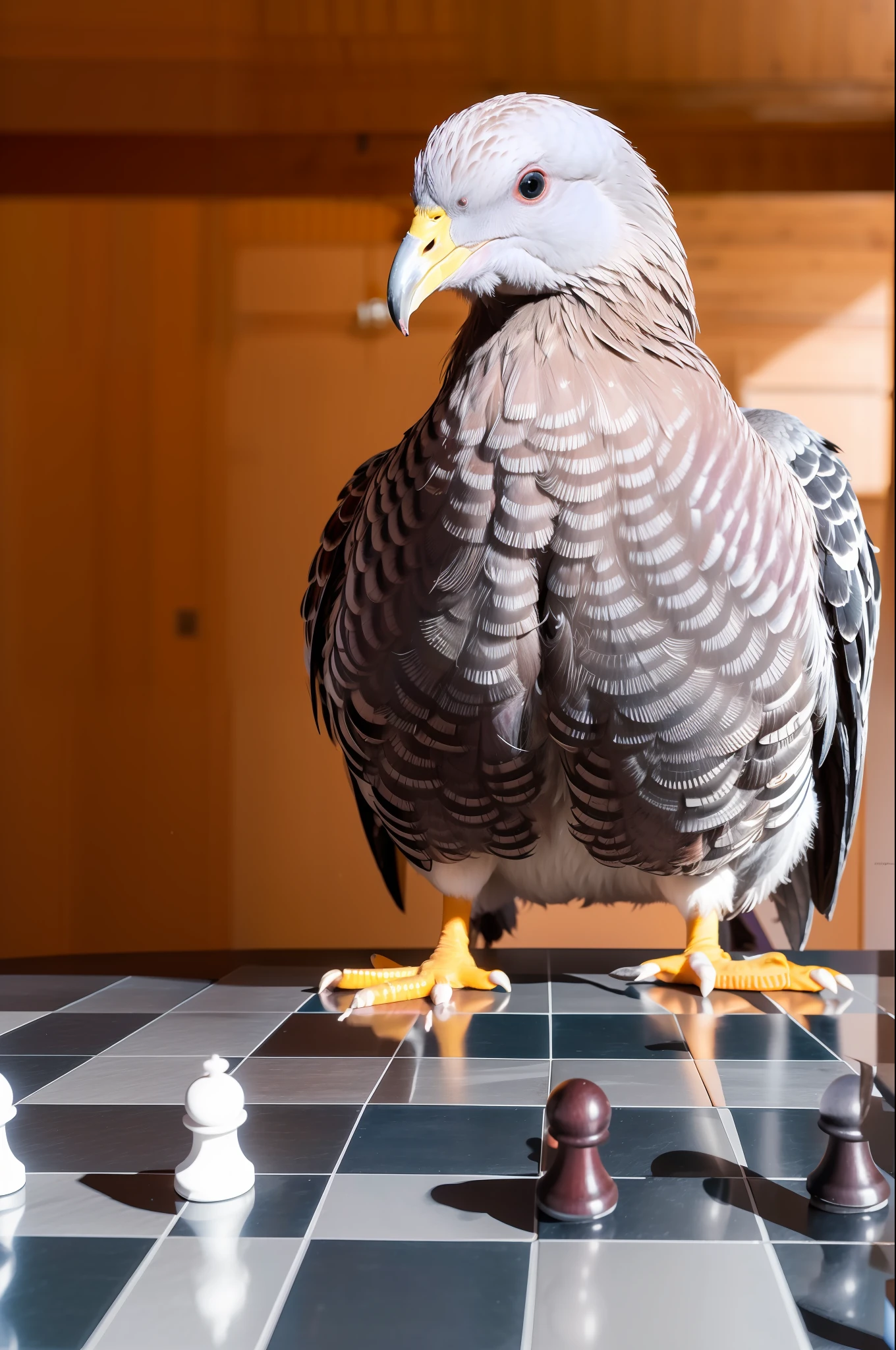 (8k, 4k, melhor qualidade, highres, ultra alta res:1.1), (obra-prima, realista, foto-realista:1.1), a pigeon in front of a chessboard completely destroyed