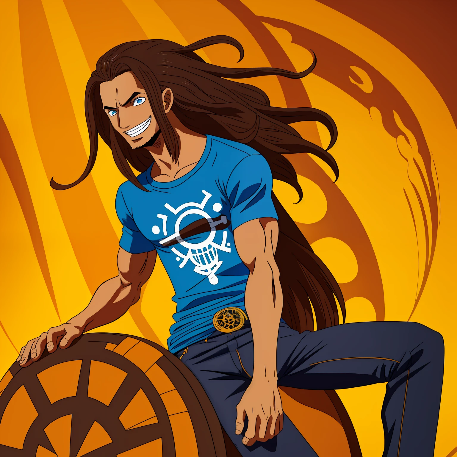 \(One_Piece\), (Estilo de arte de anime), ((sozinho)), 1menino, (1homem jovem), ((olhos detalhados)), (olhos castanhos claros), ((cabelo longo grande)), ((large blue t-shirt)), ((long brown jeans)), (logpose), (botas), ((cabelo negro)), (sorriso), (atletic_Corpo), ((pele morena bronzeada)), ((cicatrizes pelo corpo)), (cabelo volumoso longo), (cabelo cheio), ((cabelo arrepiado)), (luvas de engenharia), (cinto), bolsa de ferramentas (olhos relaxados), (boa qualidade), (bem desenhado), ((bem detalhado)), pirata, ((fundo branco)), ((fundo simples)),