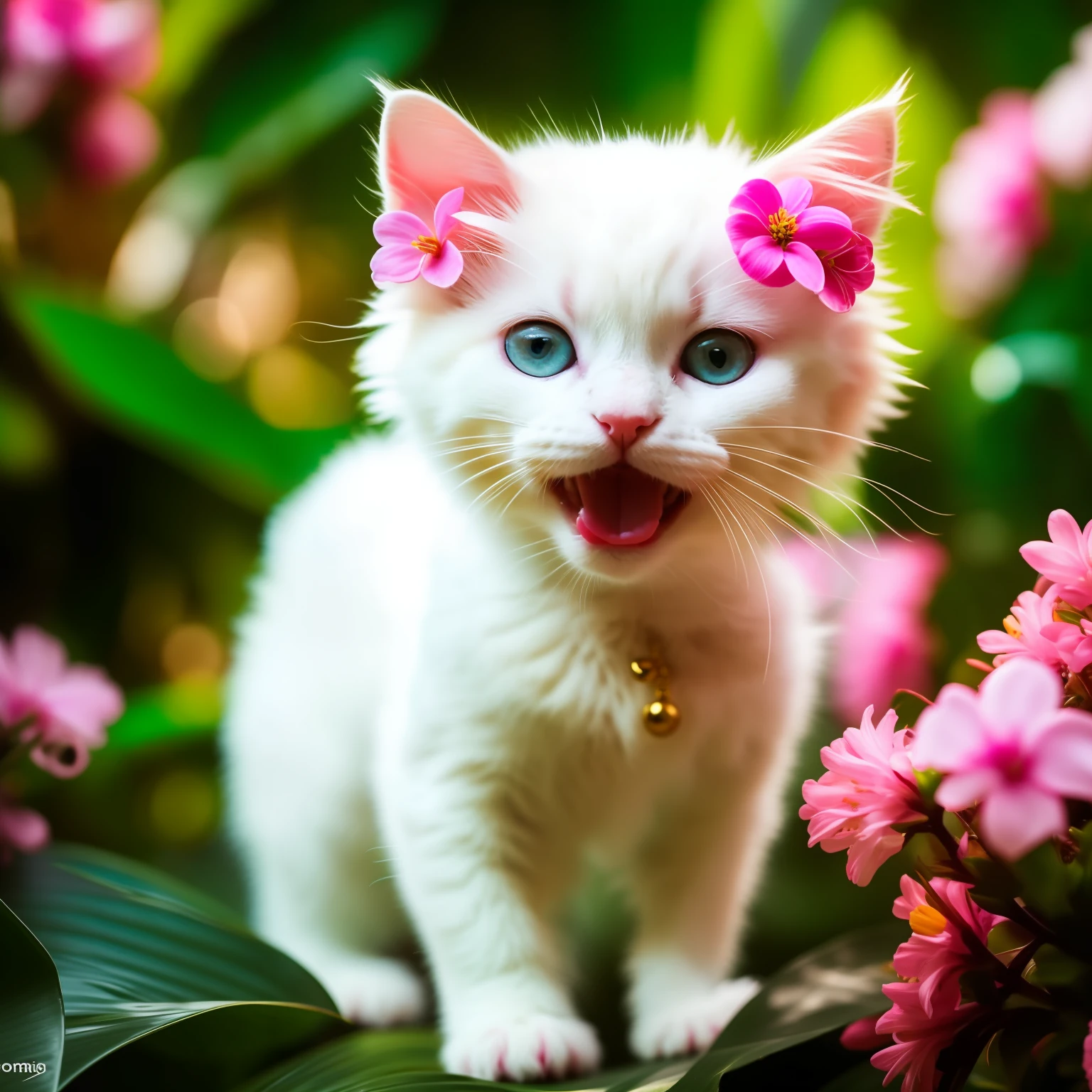 Very cute furry white tropical punk kitten, big eyes, flowers, bushes, full body, open mouth, laugh, professional light, depth of field 8k, golden magic moment, professional photography, octane rendering, super realistic - amazing sunlight, dynamic composition, photography, sharp focus, background bokeh, open mouth, laugh !!!