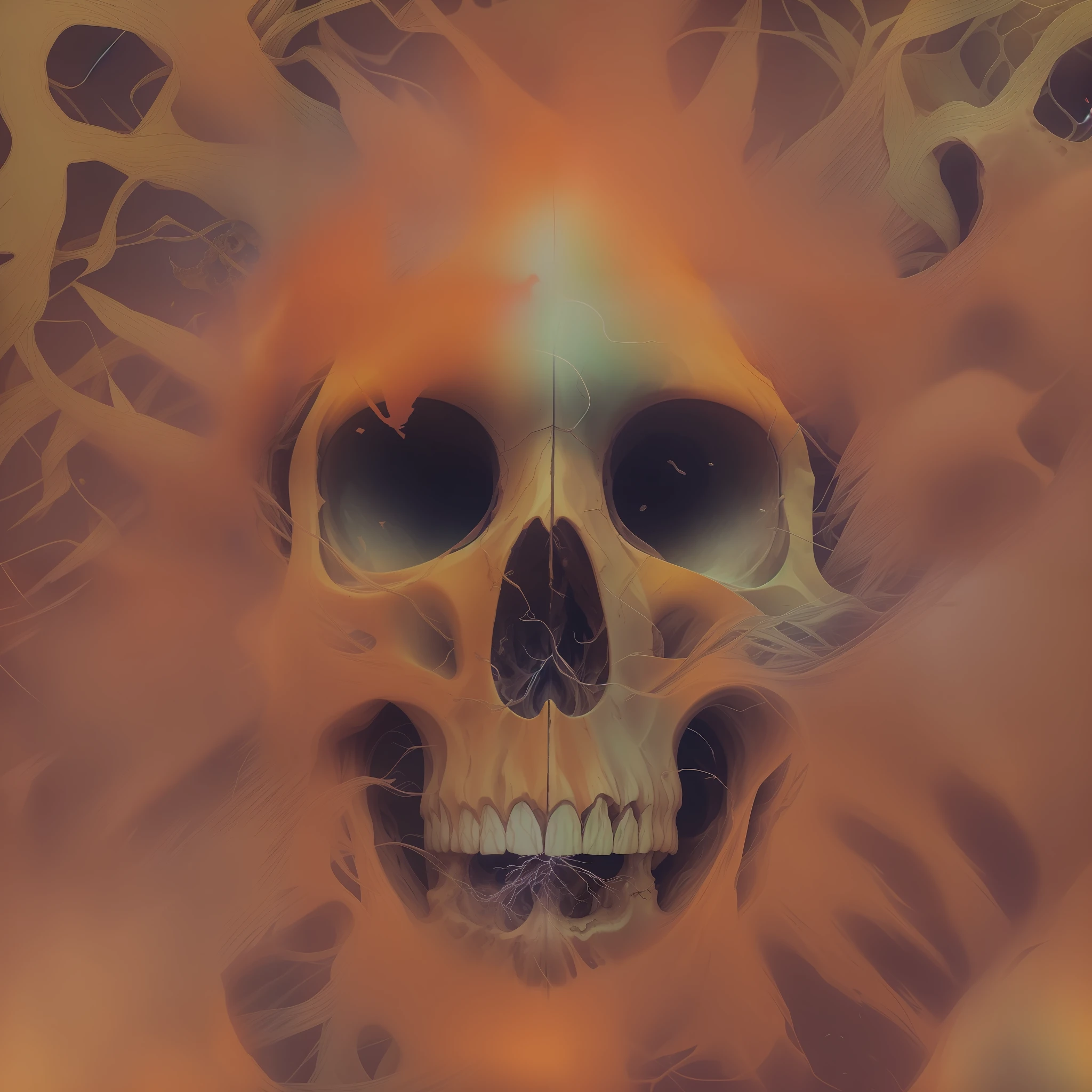 A spontaneous combustion inside of a skull with marijuana vines shooting out of the center of the skull with rainbow paint splattered everywhere. By Joshua Holford Photography Award Winning Detail and Flare 8k fz80