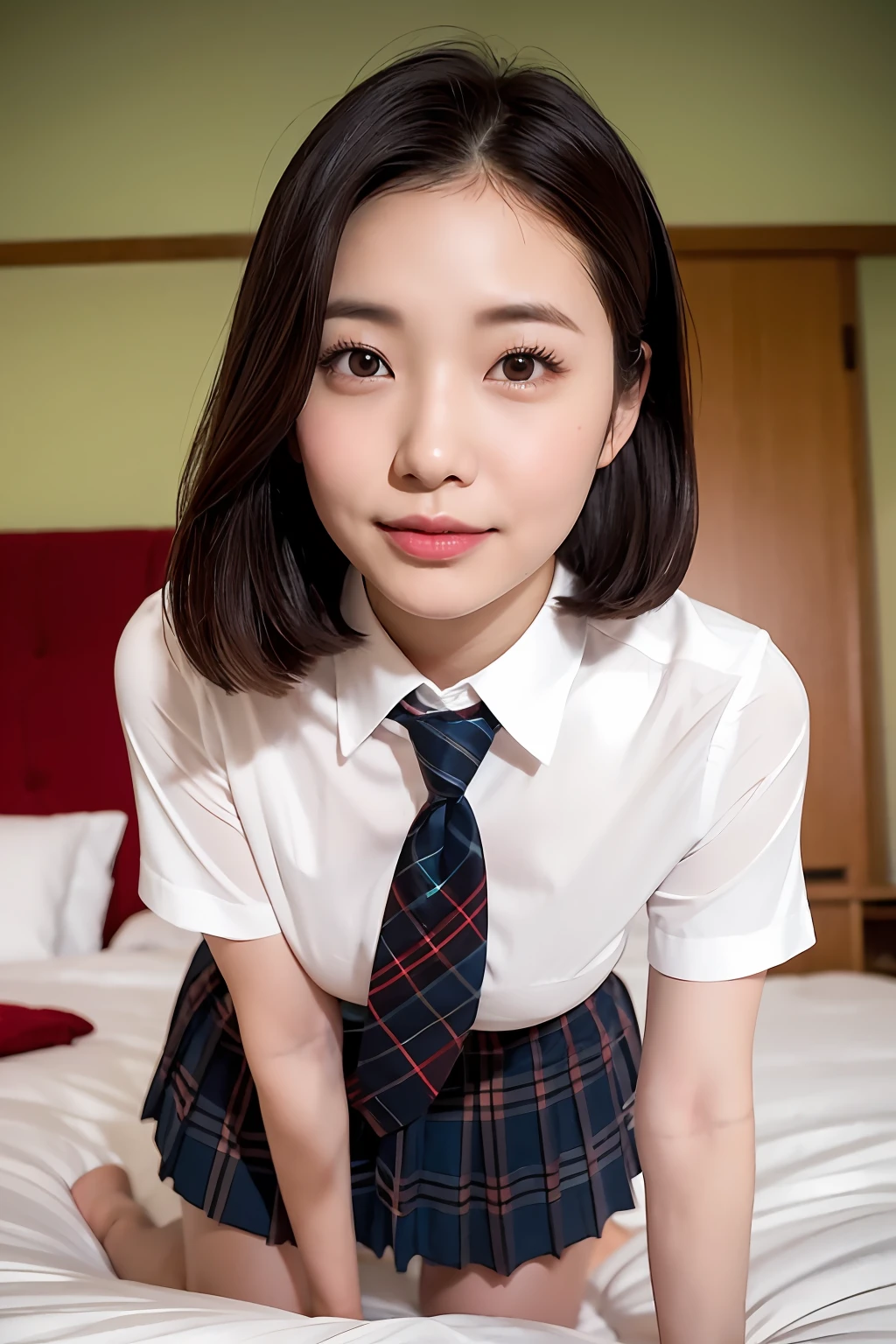 1人、Blushing cheeks、shyly smile、optic、large full breasts、White shirt sticking to chest、Tartan checked skirt、Girl in Japan school uniform、florals、hair pin、a necklace、piercings、Crawling on all fours on the bed、from below looking up、depth of fields、pointed red mouth、Glossy reddish-brown shorthair、Black eyes、鎖骨、Beautiful fingers、Hourglass body、portrait of a full body、The task of removing the tie、