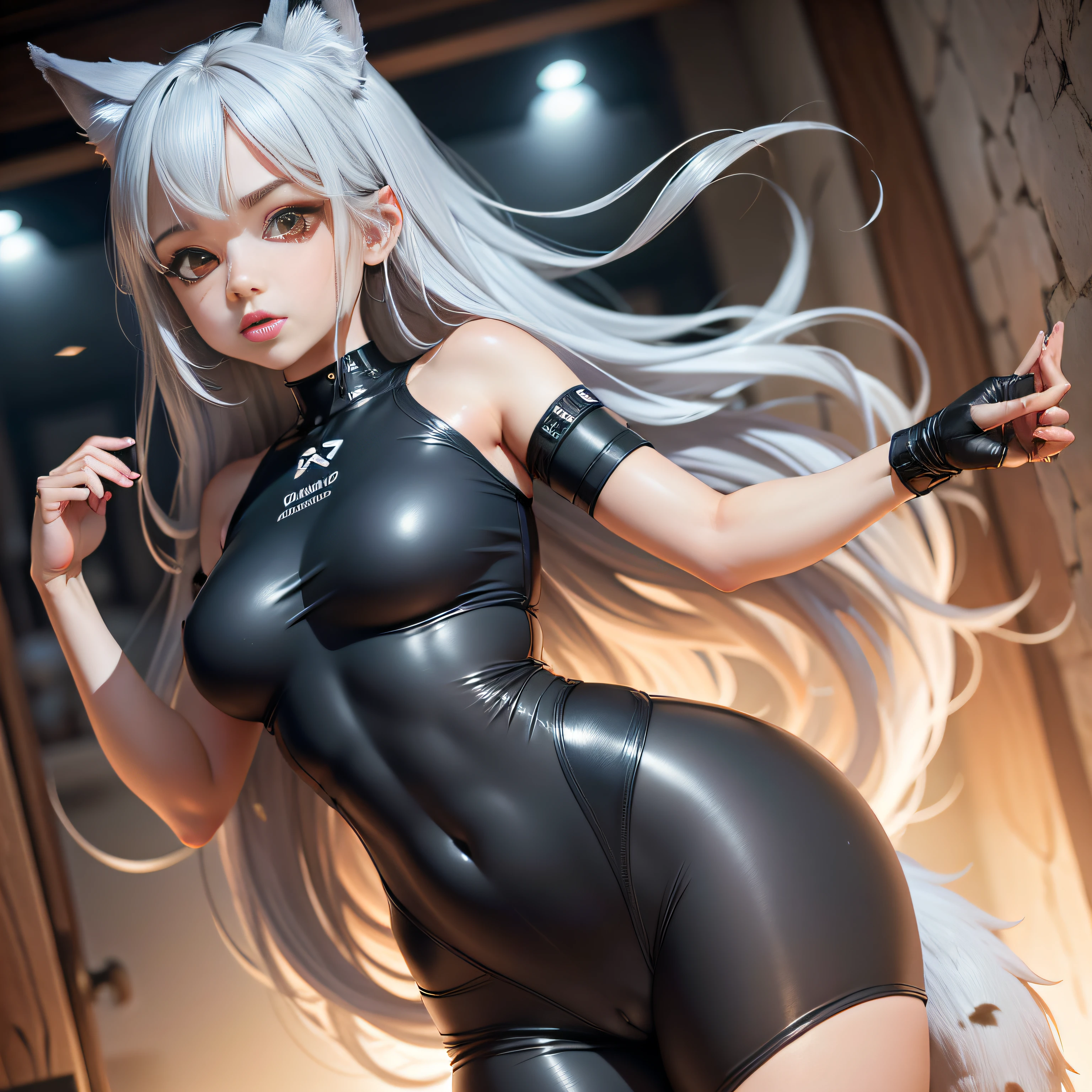 female, adulto jovem, divindade, wolfgirl,  peito pequeno, sem underware, muito fofo, tail, Bodysuit, clivagem, muito bonita, nua, fazer kamehameha