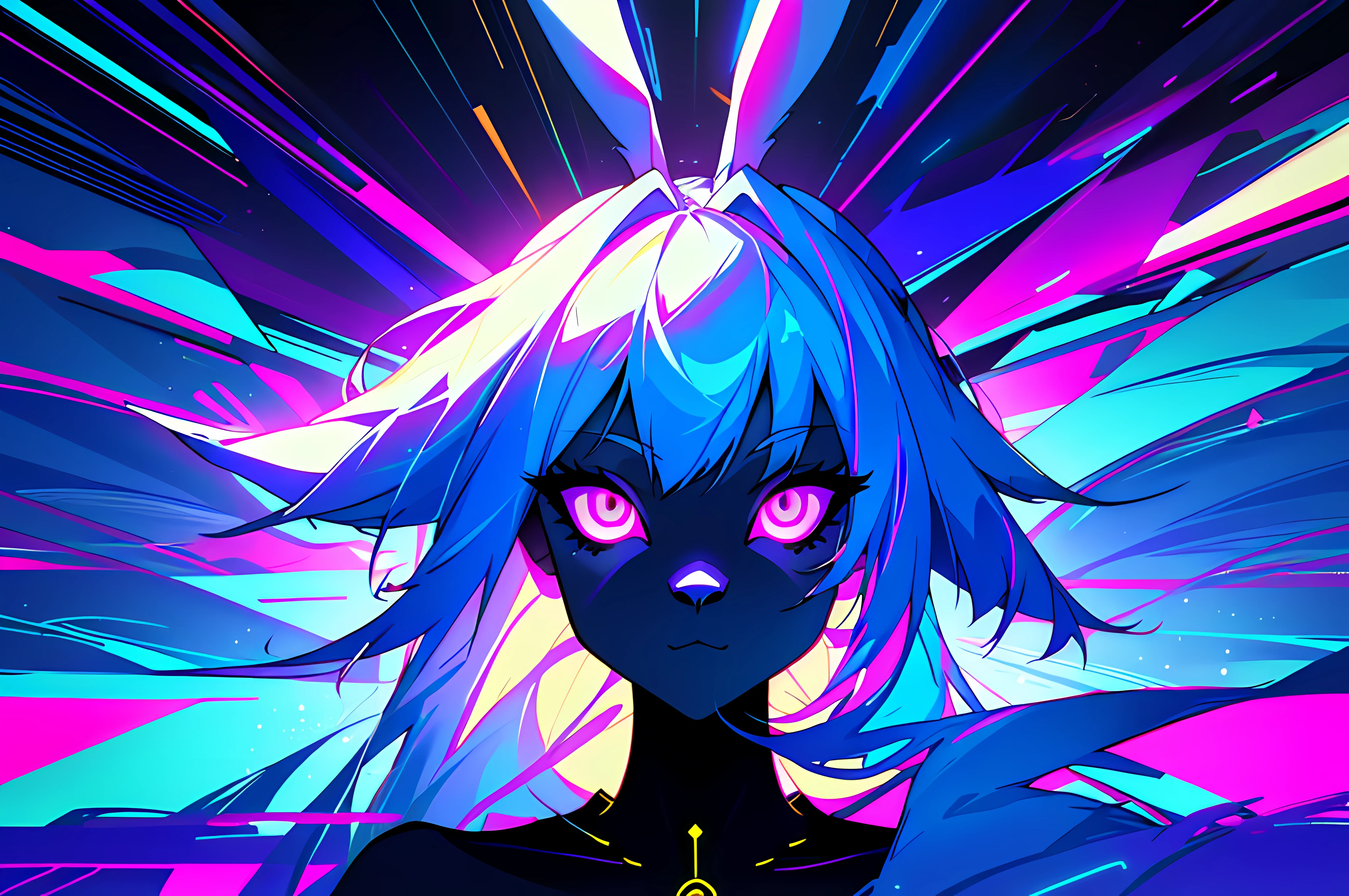 (vintage vhs), (crt screenshot), (Zen, Amy Sol style), a blue anthro furry kemono rabbit, (vast decrepit scenery:1.2) blame! style, furry azure blue bunny rabbit in a purple shirt with a black background, cute intense bunny, blue anthropomorphic bunny rabbit, with glowing eyes, anthro portrait, head-on portrait, nightmarish illustration, glowing eyes everywhere, intense eye contact, hybrid human / anthro, electrixbunny, rabbit anthro portrait, ((portrait)), bunnypunk, weirdcore voidpunk fursona, wearing bunny ears, cover art with light abstraction, abstract, simple vector art, contemporary Cybernetic art, color gradients, soft color palettes, layered forms, whimsical animation, style Ethereal abstract, 4K, --v6