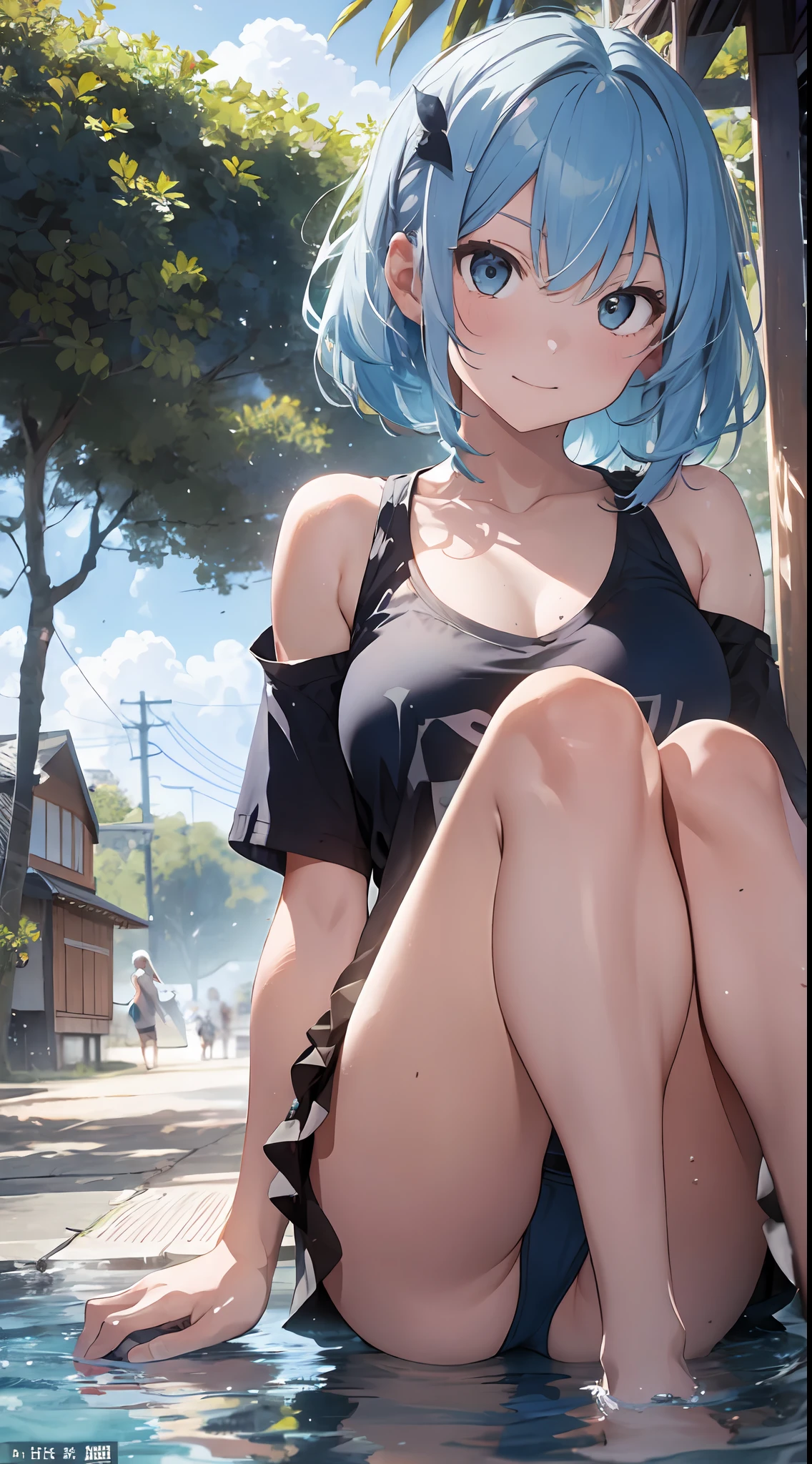 (NSFW:1.2), (8K, Raw photography, Top image quality, tmasterpiece: 1.4), ultra highly detailed, (realisitic, photoreallistic: 1.48), 1girl in, Solo Focus, type moon style, Kyoto Animation Style, short-length hair, (blue hairs:1.7), Blunt bangs, Hair Between Eyes, Clear eyes, side locks, White hair, Shiny hair, beautiful detailed cold face, Seductive smile, angry, complex details beautiful and delicate eyes, bare_shoulders, huge-breast, Gray eyes, White skin, Hair Ornament, (((T-shirt))), swim ring, swimsuit, beautiful bare back, Sandals, Skindentation, 鎖骨, bare_Legs, beach, Beautiful detailed sky, White sand, tree, very precise details, absurdist, Extremely detailed, 16k wallpaper,remrezero