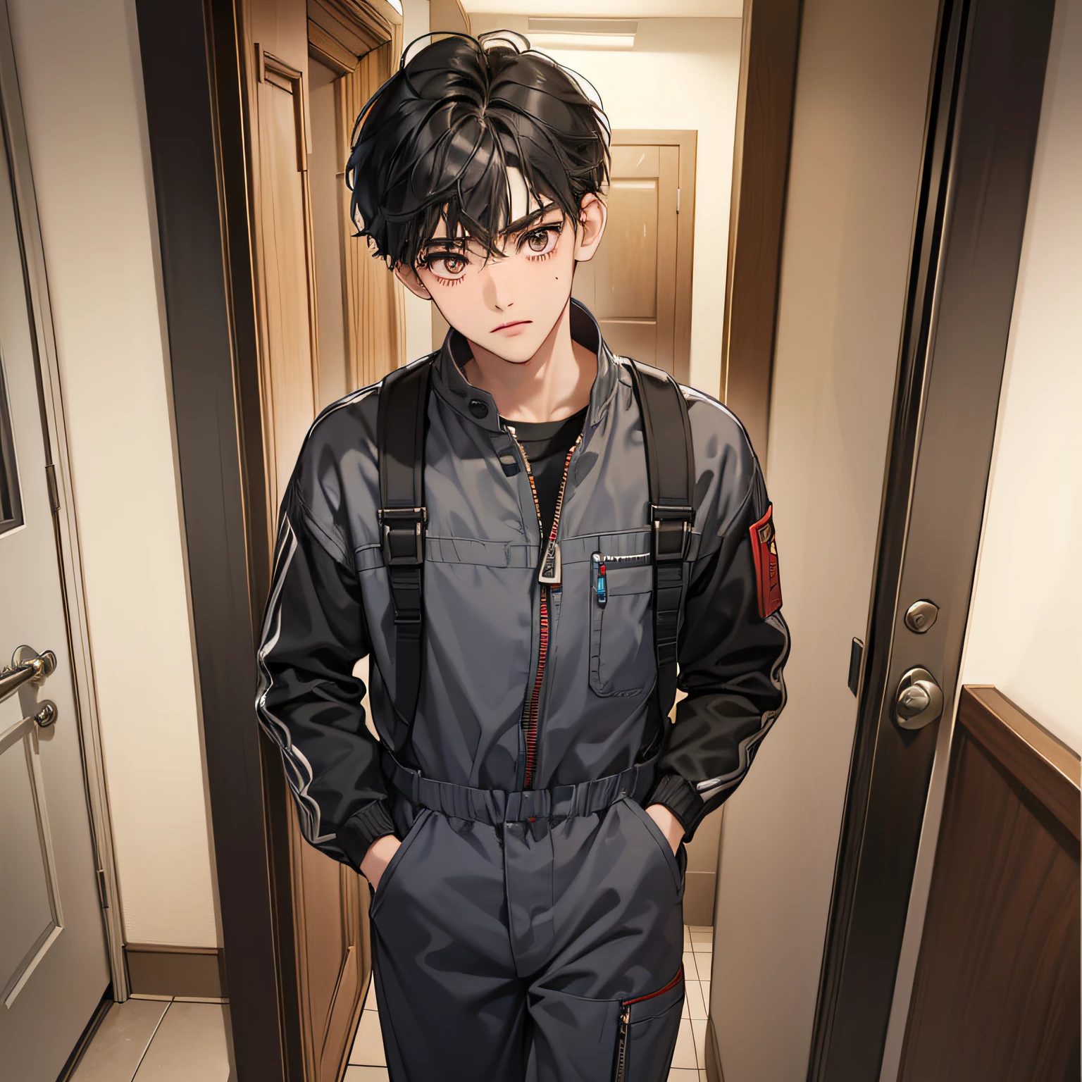 (in 8K、topquality、tmasterpiece:1.2)、1 boy、Skinny macho、pretty eyes, beutiful、student, Undergrad, Upper torso, short black hair, Asiatic, scar on the cheek, full gray auto mechanic jumpsuit, stands in the corridor of the hotel, Frame through the door frame, surprised face, mouth open, Looking Up, embarrassed