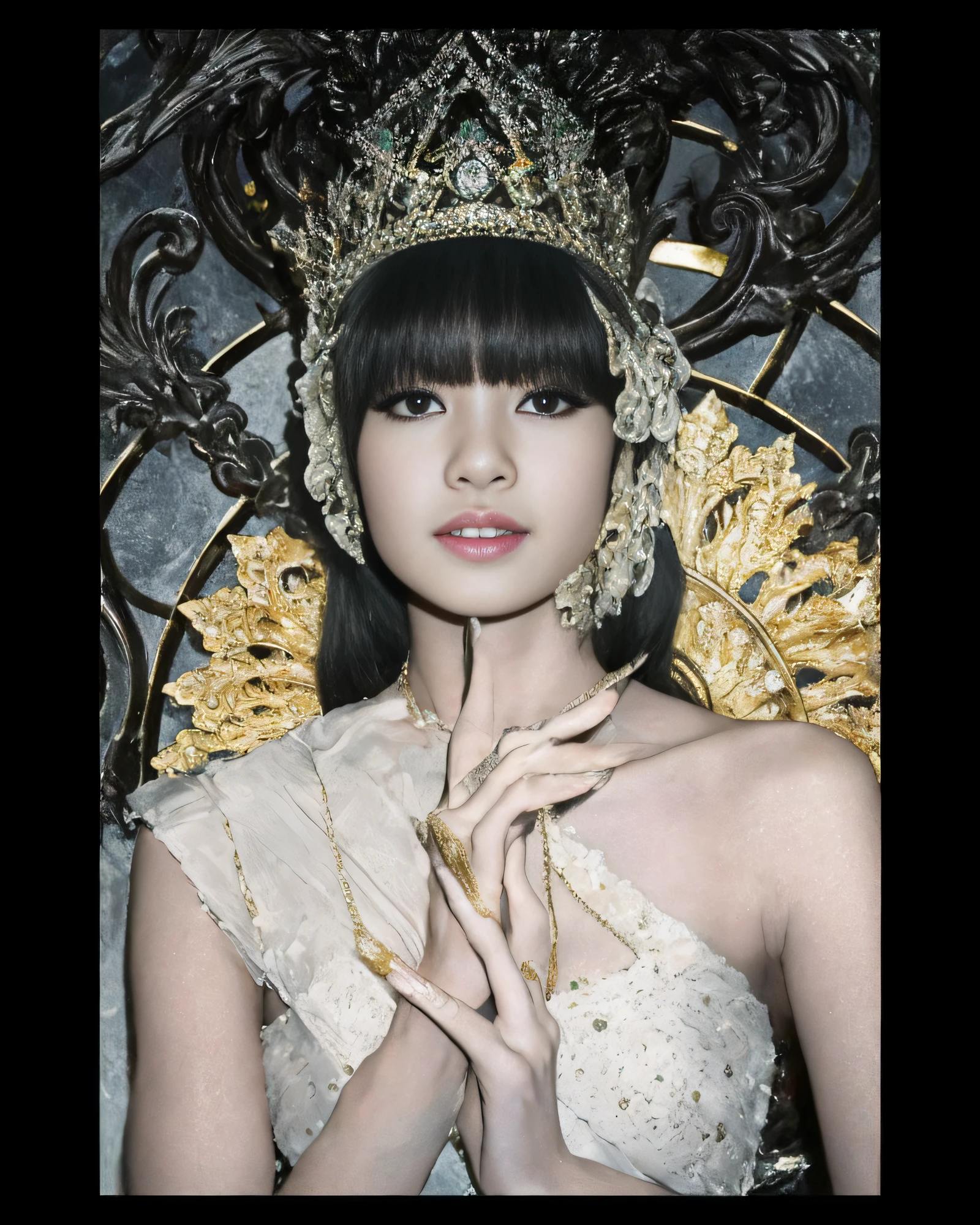 Arafed woman in a golden dress with a gold crown on her head, Imperatriz chinesa, ((uma bela imperatriz fantasia)), inspirado em Jin Nong, inspirado em Aya Goda, Estilo de Hajime Sorayama, Arte Nova Oriental, uma bela imperatriz fantasia, Inspirado em Hajime Sorayama, Eiko Ishioka, cocar de ouro intrincado