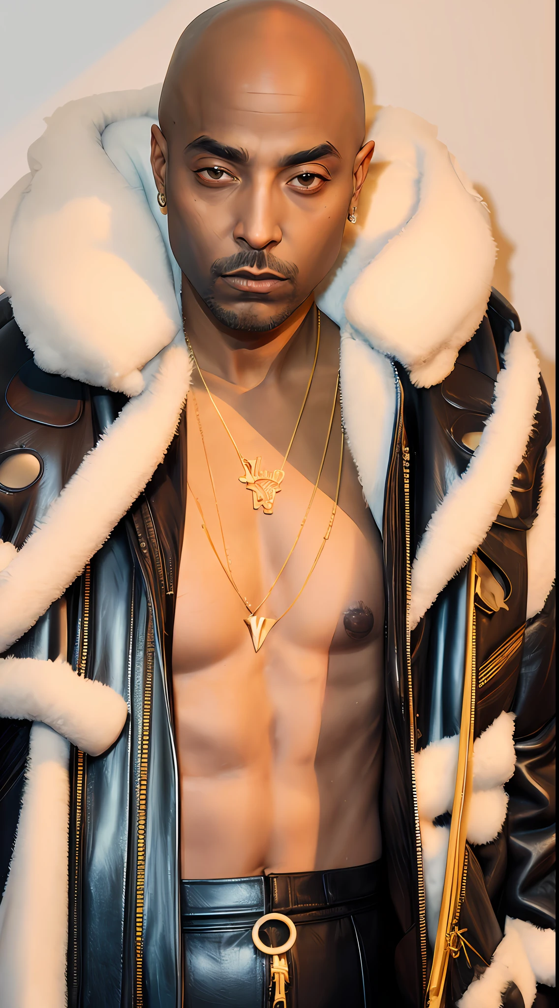1rapper with Bald hair, Unique mink Fur Jacket (Virgal Abloh) (H R Gigger), fog, detailed and realistic image, amazing composition with vintage scenery with abstract shapes, abstract minimalist background with tentacles, melt, drip, yoshitomo nara:1.5, wes anderson:1.3, new casualism, retro, minimalism,BiopunkAI