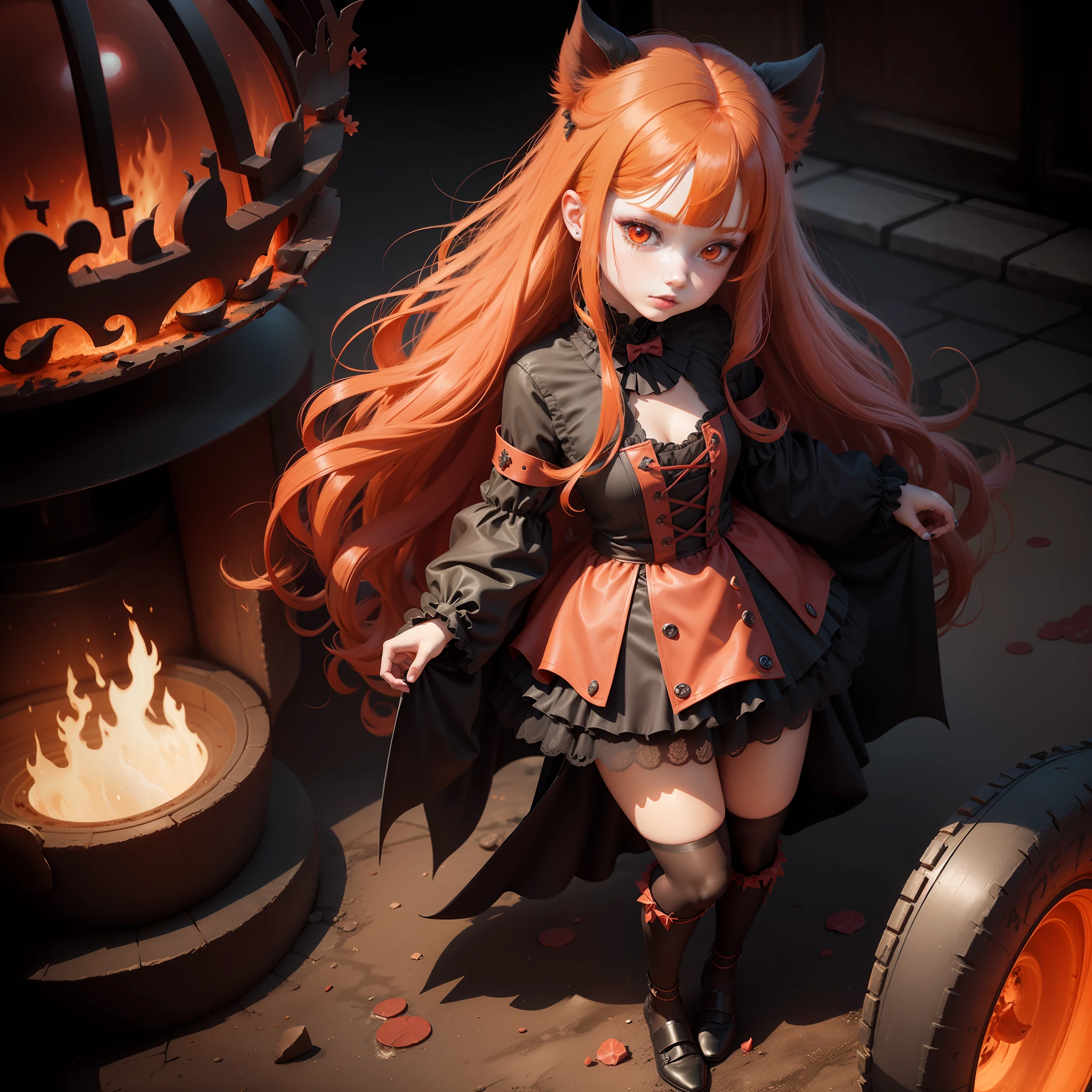 1 girl, ginger redhead, mixed hair black, childrens book illustration, devil, decora kei outfit, velvety, 3d printing, blood red, burnt amber, dark red, dark colors, ammolite, full body character design, lava glow --no duplicate --niji --q 0.25