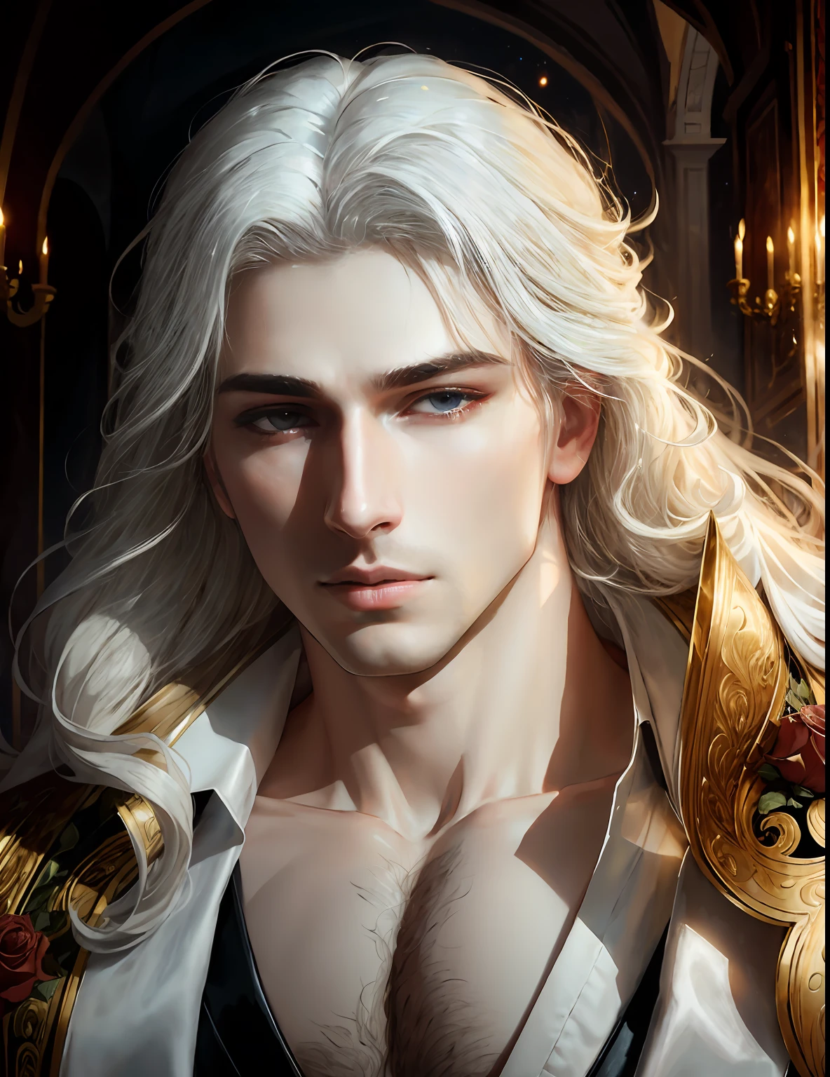 masterpiece, highest quality, (solo focus), (perfect face:1.1), (high detail:1.1),dramatic, 1guy, (pale skin), long white hair, white eyes, [light eyebrows], solo, long hair, moon, night, white luxury suit, covered navel, pouty lips, (beauty marks),  palace, detailed background, art by artgerm and greg rutkowski,  cinematic lighting, roses, suggestive