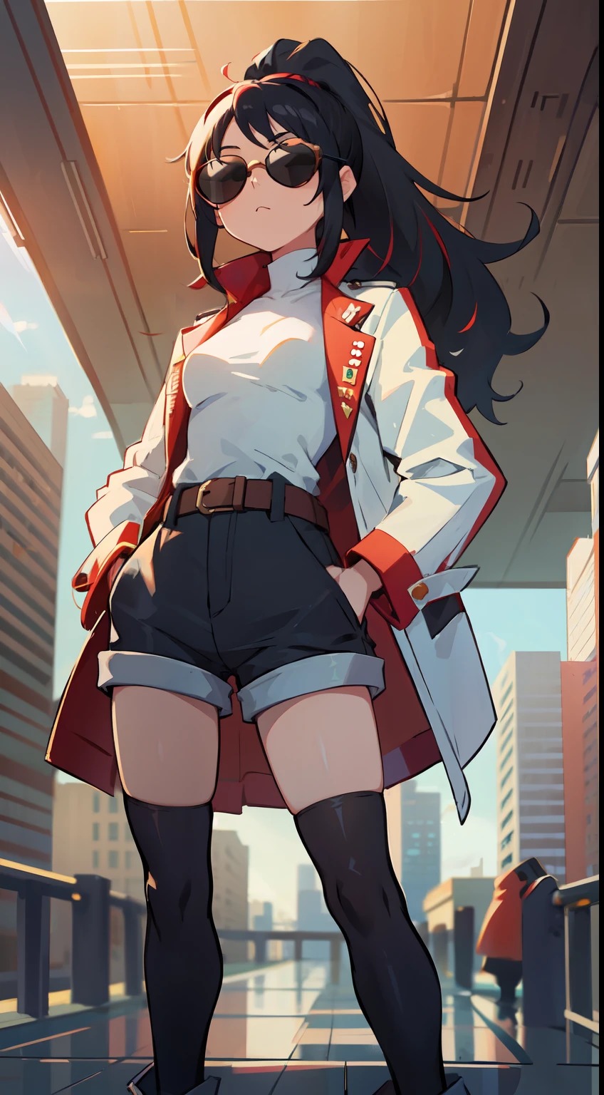 masterpiece, best quality, sharp focus, absurdres, 1girl, overcoat, white coat, modern clothes, black bodysuit, belt, white shorts, cloth accesories, ((black hair)), (red hair), (gradient hair:1.2), ponytail, wavy hair, ((sunglasses, aviator sunglasses)), cigarette on mouth, smoke, small breasts, ember color eyes, full body shot, cold, serious, hands on pockets, (building ceiling background, outdoors, cityscape, scenery), sunrays, professional art, volumetric light, light rays, bokeh