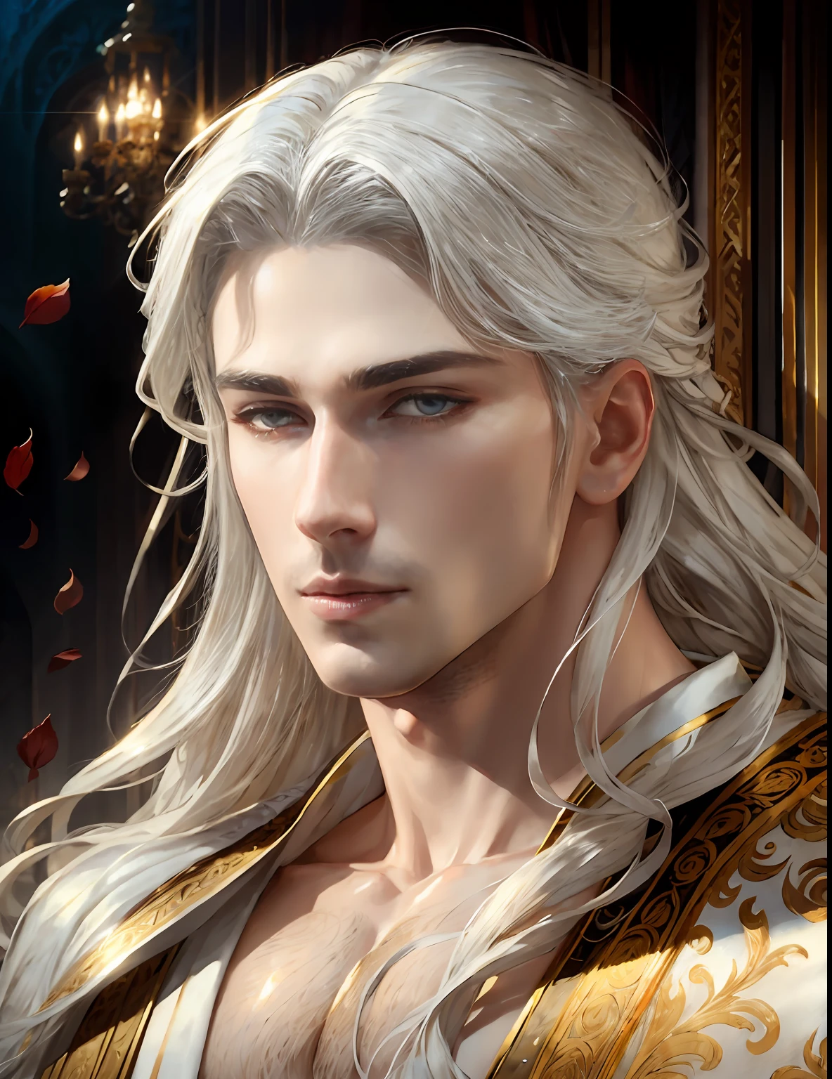 masterpiece, highest quality, (solo focus), (perfect face:1.1), (high detail:1.1),dramatic, 1guy, (pale skin), long white hair, white eyes, [light eyebrows], solo, long hair, moon, night, white luxury suit, covered navel, pouty lips, (beauty marks),  palace, detailed background, art by artgerm and greg rutkowski,  cinematic lighting, roses, suggestive