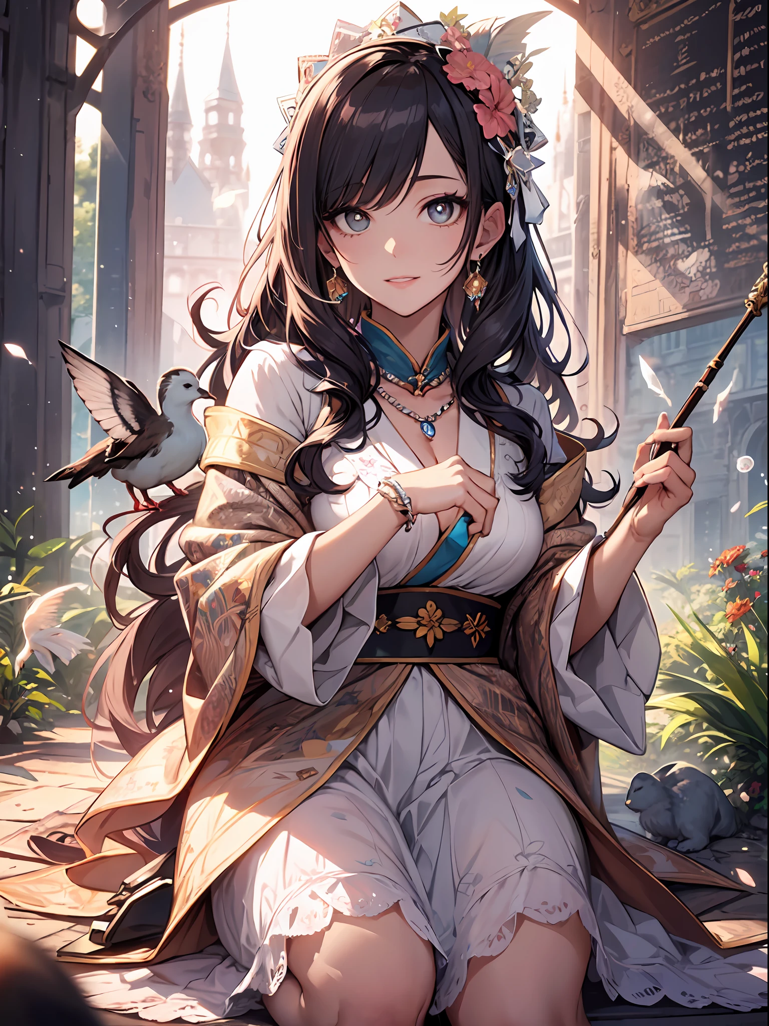 Delicate and masterpiece, beautiful details, colorful, fine details, detailed lips, intricate details, masterpiece, top quality, realistic, hyper detail, (glossy skin, sweaty: 1.4), absurdity, camera gaze, dynamic lighting, high resolution, sharp focus, depth of field, detailed eyes, sharp eyes, realistic eyes, protagonist, Japan female , protagonist, She is a beautiful girl with long hair, clear eyes, and star-shaped pupils, and by being reincarnated in another world, she has become capable of magic and adventure. She was thrilled that she had become so cute that she looked at her face in the mirror and smiled. Her smile is expressed in intricate details and realistic descriptions, with words such as quality, image quality, detail, masterpieces, official art, masterpieces, masterpieces and details that are real. Her face is a human body based on human anatomy, and the fingers of her hands have not lost their shape. Her pupils are attractive, with a clear blue color and exaggerated star-shaped pupils.
She was also interested in otherworldly outfits, trying on colorful dresses and accessories. She chose what looked good on her and showed off her fashion sense. She wore a white lace dress with a pink ribbon and a floral ornament on her head. She wore a pearl necklace around her neck and pierced her ears. She wore white gloves on her hands and white socks and pink shoes on her feet. She wore a small heart-shaped brooch on her chest. She had feathers on her back and looked like an angel.
She was also fascinated by otherworldly magic, so she picked up a spellbook and a wand to try out magic. She used the magic of attributes such as fire, water, and wind to create fireworks, bubbles, and balloons in the air. She cast a spell she learned from the spellbook and released a glowing ball from her wand. She waved her wand and painted colorful patterns and letters in the air. She pointed to her wand and moved small animals and dolls. She threw her wand and c