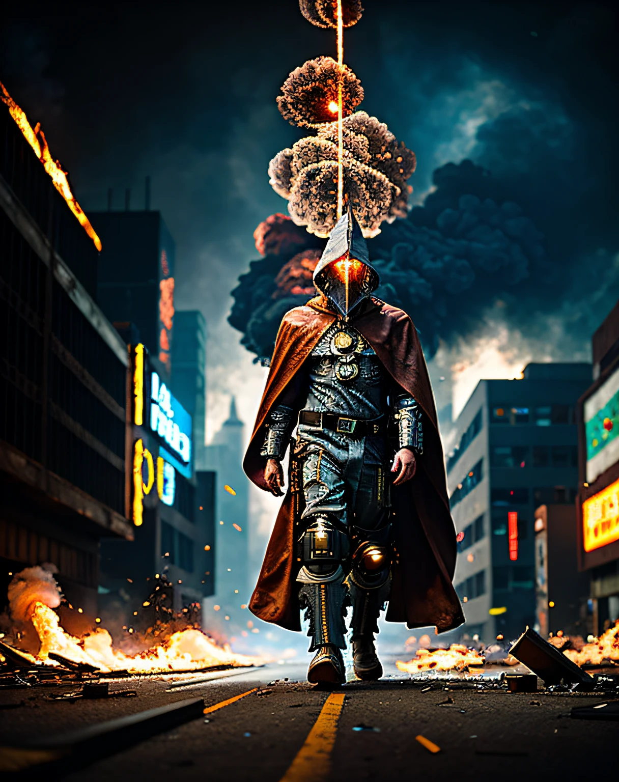 wide-angle photo of a cyberpunk (wizard:1.2) in a worn and tarnished mech suit, intricate, (steel metal [rust]), striding across a cyberpunk urban combat zone, (side view:0.3), (facing the camera:0.3), wearing an arcane cloak, burns and bullet holes, rubble, sharp focus, whirling smoke nebula, fire, raining, cinematic composition, best quality, masterpiece, extreme detail, atmospheric lighting, 8k UHD, DSLR Canon RAW,