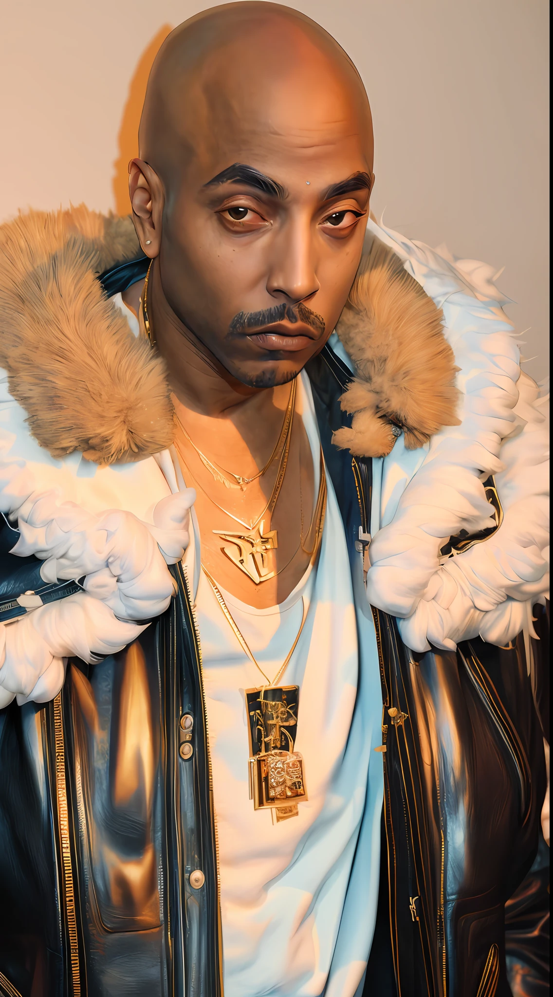 1rapper with Bald hair, Unique mink Fur Jacket (Virgal Abloh) (H R Gigger), fog, detailed and realistic image, amazing composition with vintage scenery with abstract shapes, abstract minimalist background with tentacles, melt, drip, yoshitomo nara:1.5, wes anderson:1.3, new casualism, retro, minimalism,BiopunkAI