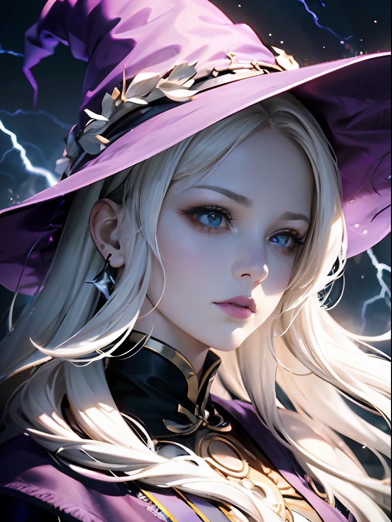 RAW photo, one person, skin invisible, full face portrait, witch, japanese face, Sensual beautiful woman with round cheeks, purple eyeshadow, purple lip, realistic facial expression, pale skin, wavy white hair, long hair, witch hat, white skin, slender body, wearing black witch robe with silver decoration, confident expression, (magic mysterious background, lightning, glowing particles, ethereal fog, faint darkness), high saturation, film light, rim light, best shadows, pointing here, background is urban ruins, (very detailed skin: 1.2), 8k UHD, DSLR, soft lighting, high quality, film particles, fujifilm XT3