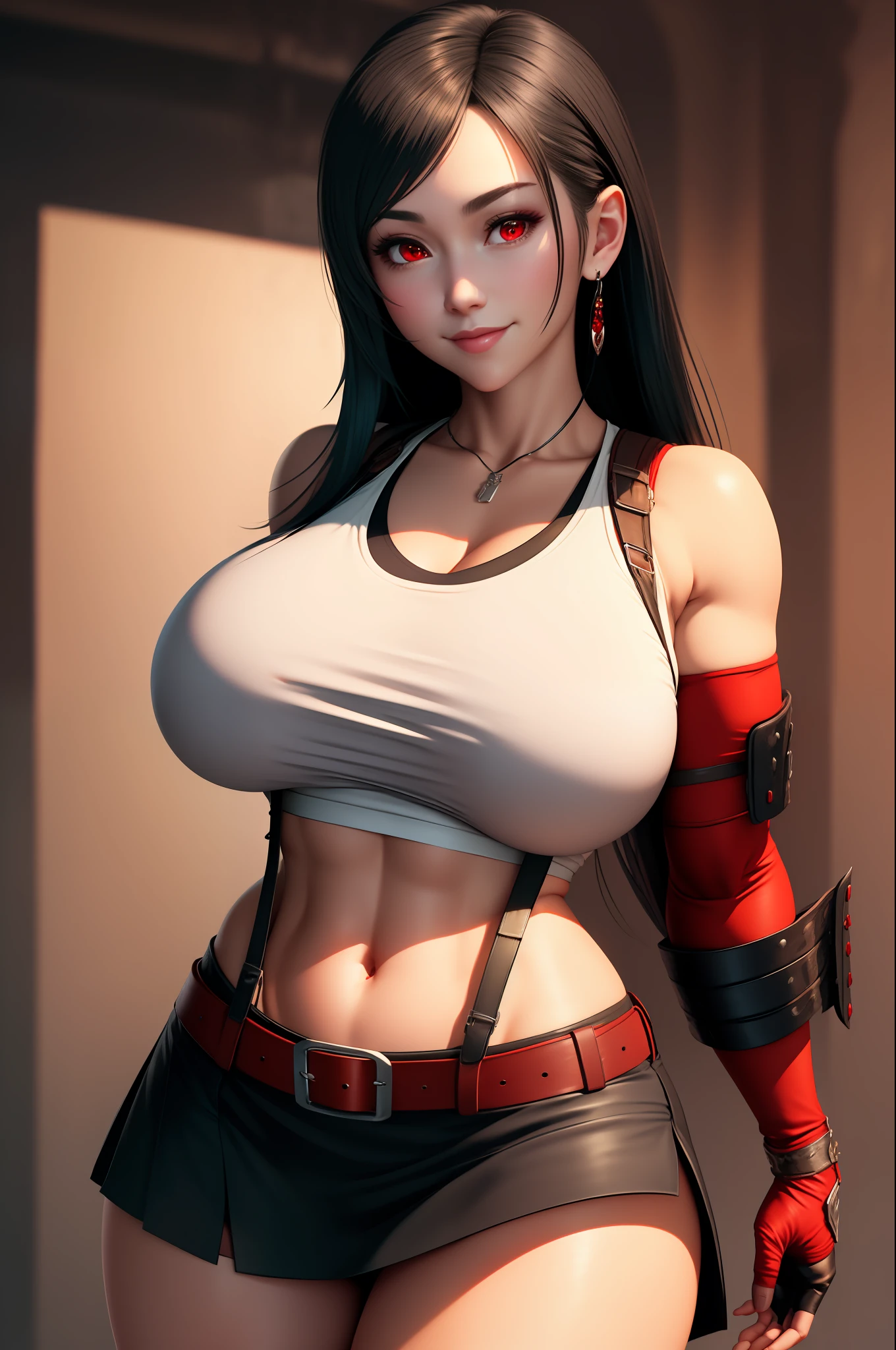 Highly detailed, High Quality, Masterpiece, beautiful, TifaOG, white tank top, black miniskirt, 1girl, solo, cowboy shot, light smile, arm behind back, red eyes (very huge breasts) sfw, covered breasts