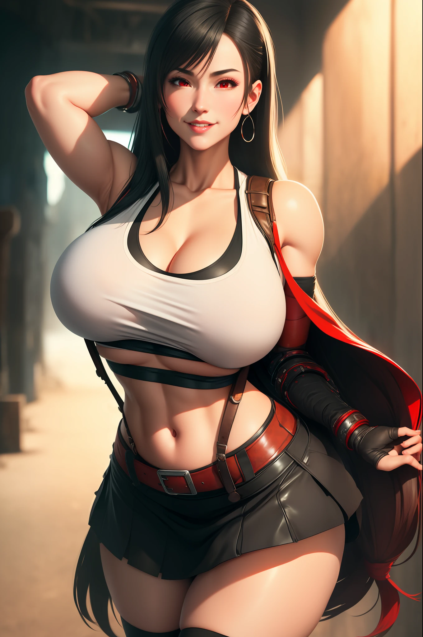 Highly detailed, High Quality, Masterpiece, beautiful, TifaOG, white tank top, black miniskirt, 1girl, solo, cowboy shot, light smile, arm behind back, red eyes (very huge breasts) sfw, covered breasts