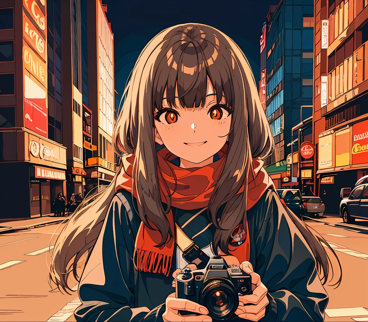 1girl, 172 centimeter height, long wavy brown hair, orange pupils, red scarf, smiling, holding dslr camera, city background, sunset