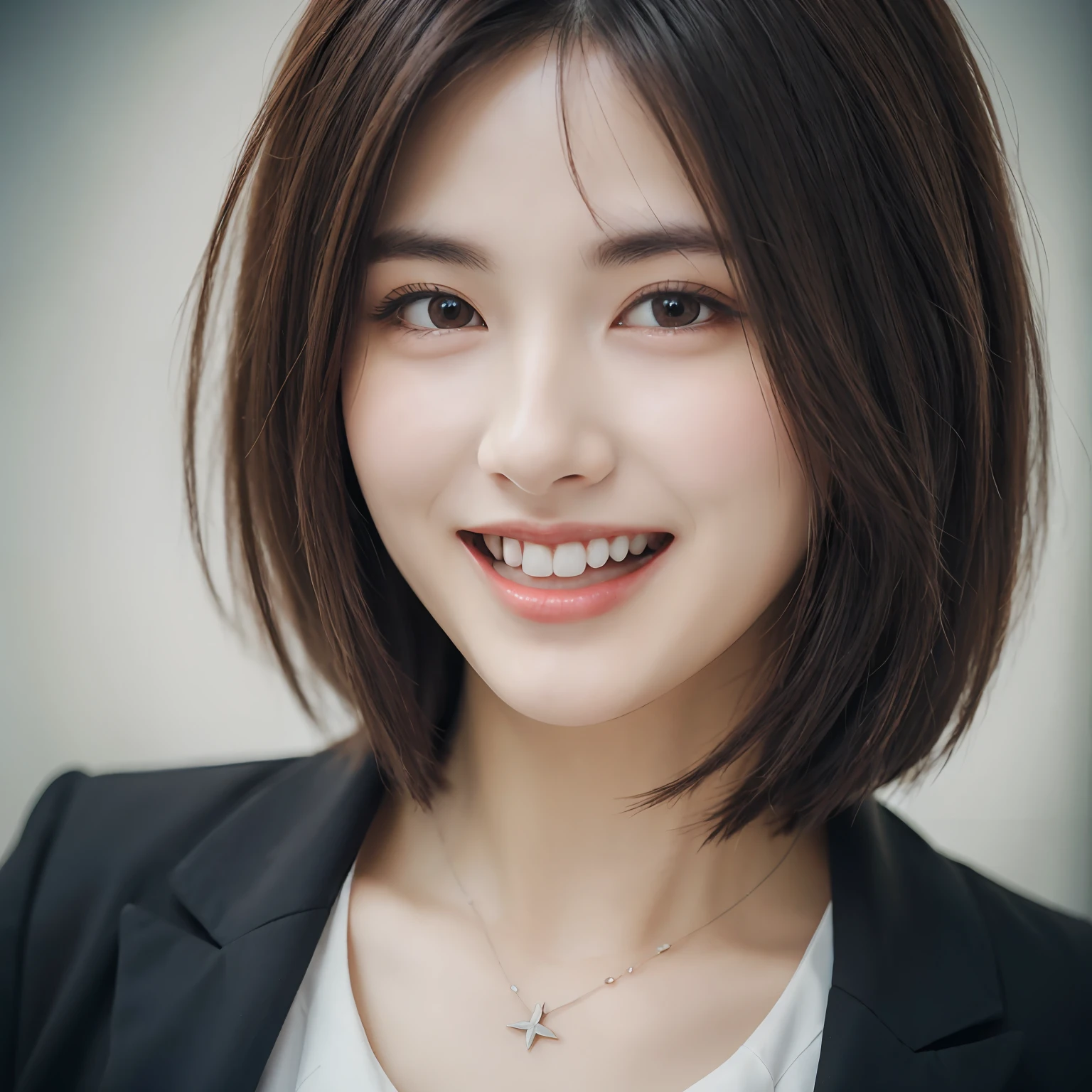 Dressed, (photographrealistic:1.4), (Hyper realistic:1.4), (Realistic:1.3), (Smoother lighting:1.05), (increase cinematic lighting quality:0.9), 32K, 1girl in,25-years old, Realistic lighting, Backlighting, Light on Face, raytrace, (Brightening light:1.2), (Increase quality:1.4), (Top quality real texture skins:1.4), finely detailed eyes, finerly detailed face, (tired and sleepy and joy:0), (Laugh:1.4), Black Suit,a necklace, (Increase body line mood:1.1), (Increase the beauty of skin texture:1.1)