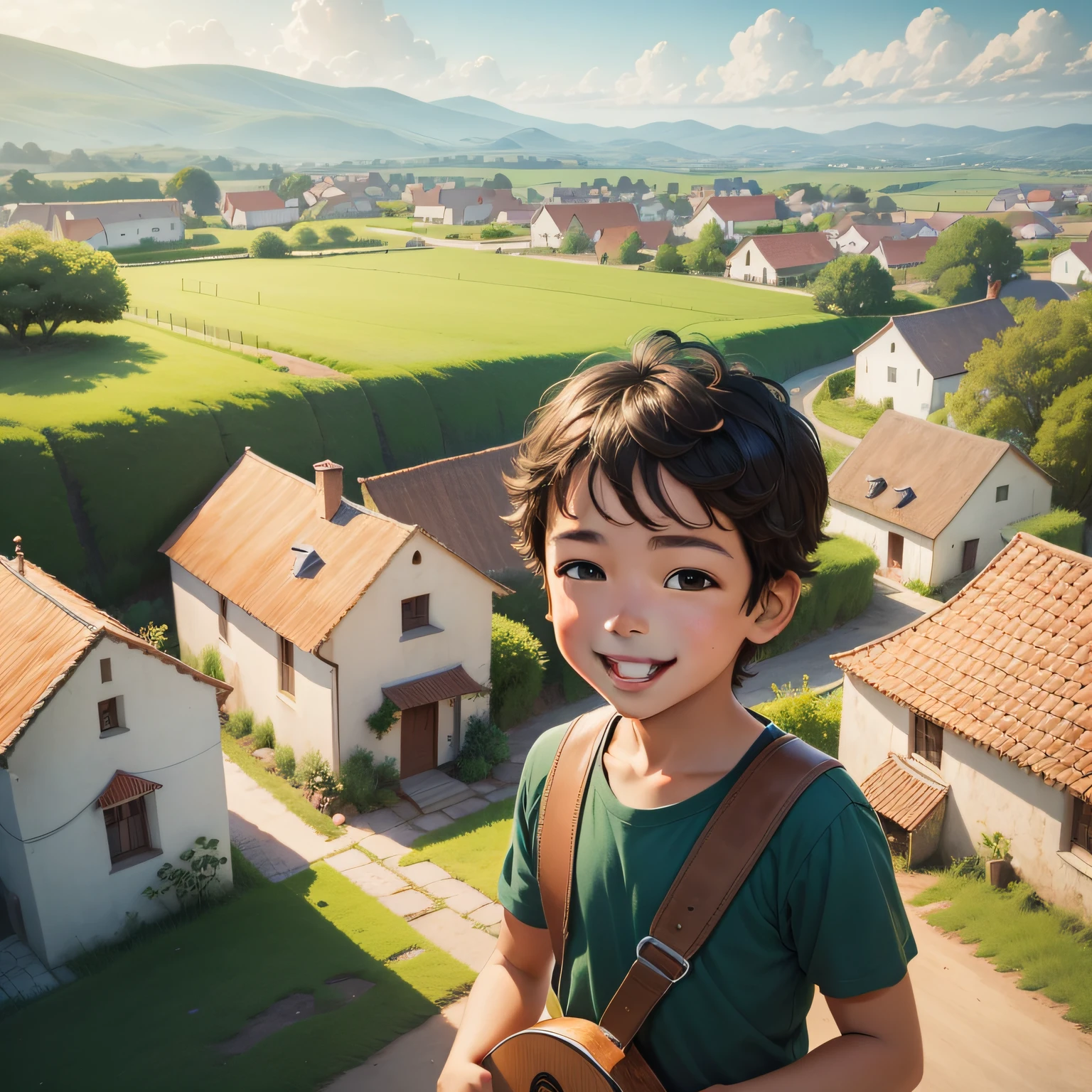 An illustration of the cheerful young boy, Pedro, smiling as he plays carefree near his home, small countryside town, with simple houses and a green landscape all around.