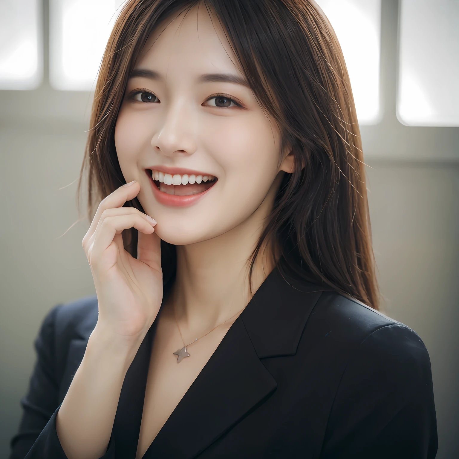 Dressed, (photographrealistic:1.4), (Hyper realistic:1.4), (Realistic:1.3), (Smoother lighting:1.05), (increase cinematic lighting quality:0.9), 32K, 1girl in,25-years old, Realistic lighting, Backlighting, Light on Face, raytrace, (Brightening light:1.2), (Increase quality:1.4), (Top quality real texture skins:1.4), finely detailed eyes, finerly detailed face, (tired and sleepy and joy:0), (Laugh:1.4), Black Suit,a necklace, (Increase body line mood:1.1), (Increase the beauty of skin texture:1.1)