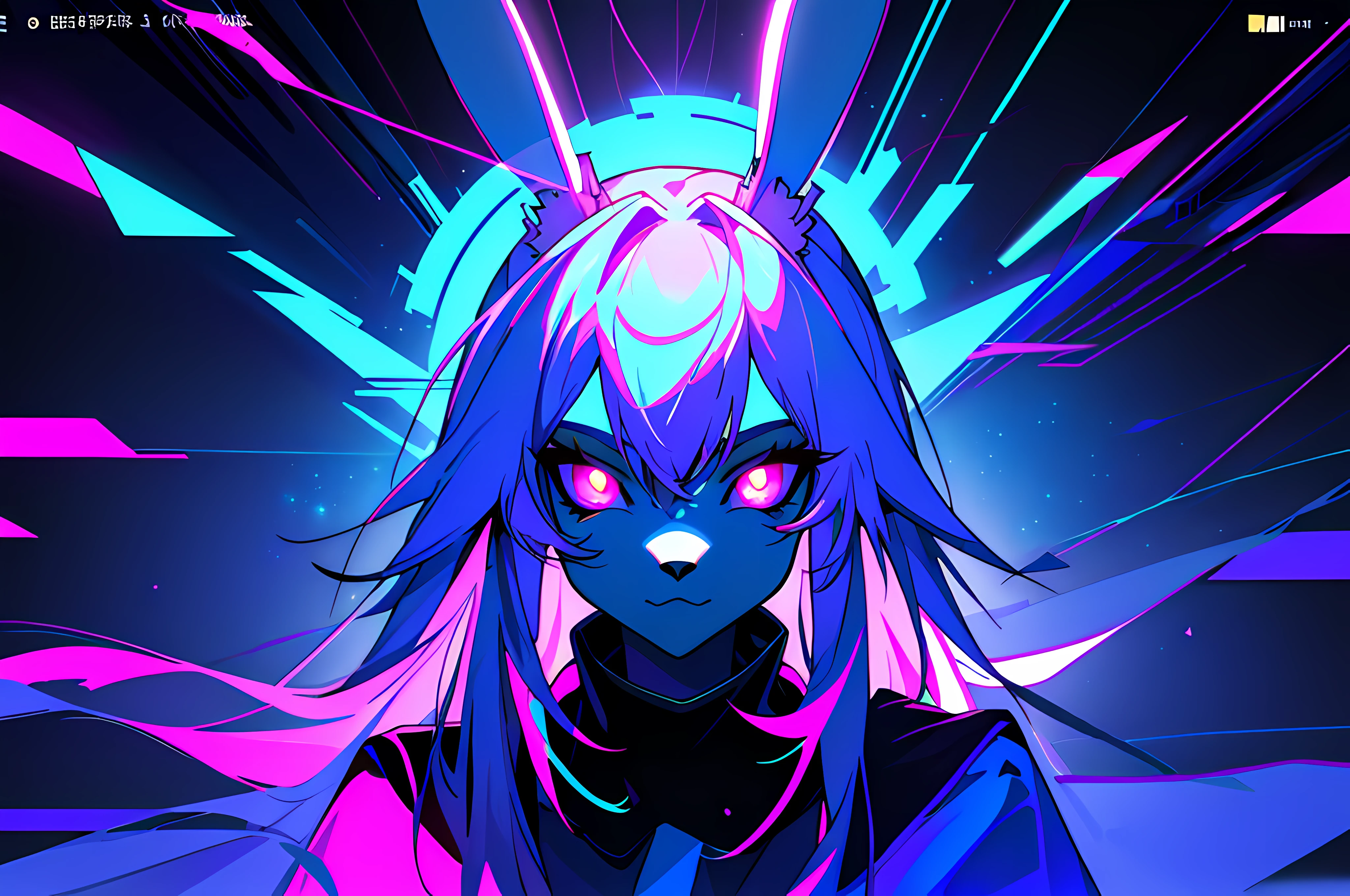 (vintage vhs), (crt screenshot), (Zen, Amy Sol style), a blue anthro furry kemono rabbit, (vast decrepit scenery:1.2) blame! style, furry azure blue bunny rabbit in a purple shirt with a black background, cute intense bunny, blue anthropomorphic bunny rabbit, with glowing eyes, anthro portrait, head-on portrait, nightmarish illustration, glowing eyes everywhere, intense eye contact, hybrid human / anthro, electrixbunny, rabbit anthro portrait, ((portrait)), bunnypunk, weirdcore voidpunk fursona, wearing bunny ears, cover art with light abstraction, abstract, simple vector art, contemporary Cybernetic art, color gradients, soft color palettes, layered forms, whimsical animation, style Ethereal abstract, 4K, --v6