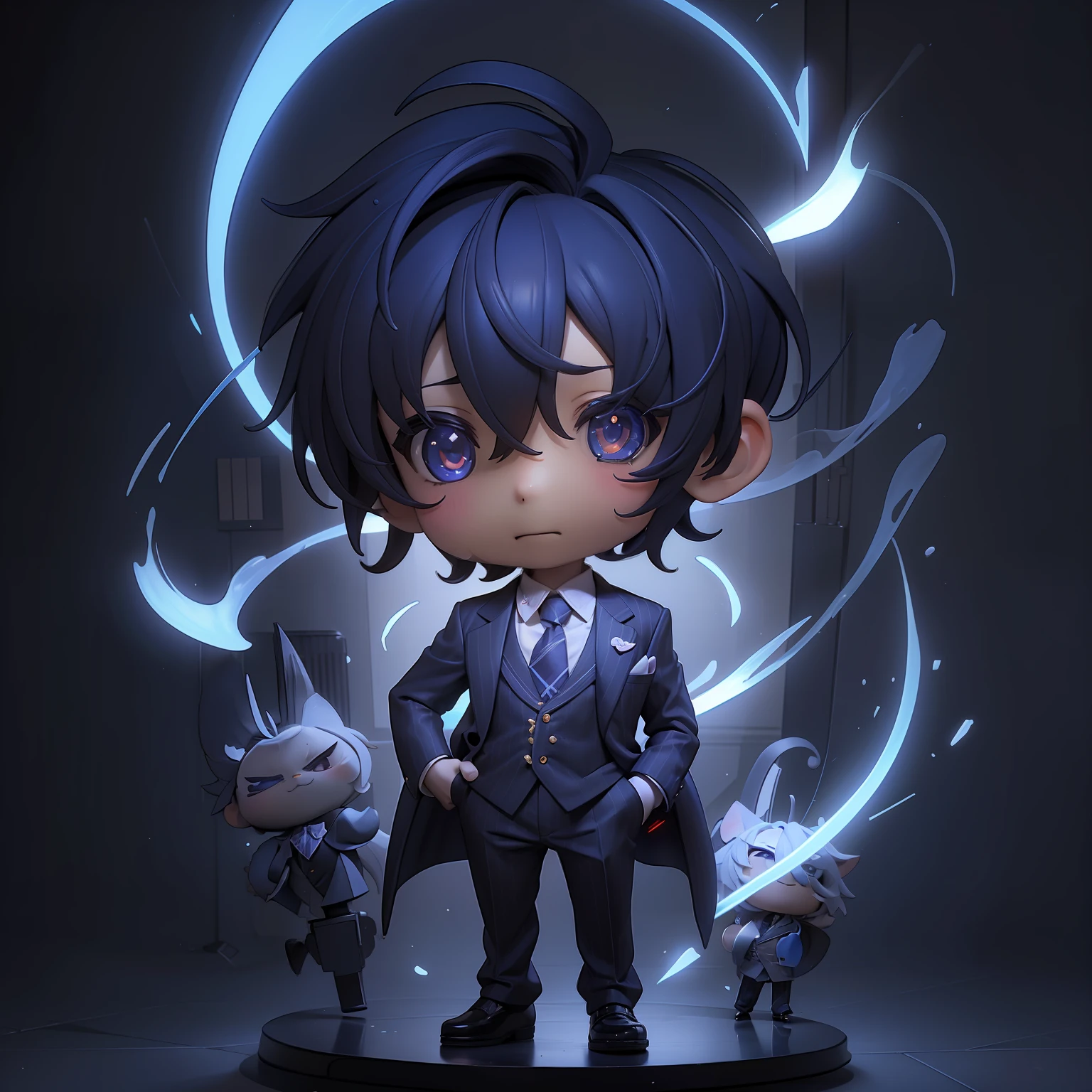 (((chibi：1.5)))boy chibi,Blue short cut hairstyle,Wearing shiny sunglasses,pinstripe suit,Wearing a necktie with a heart pattern,Figure Edge Light、Anthropomorphic、dramatic  lighting、8k、portlate、realisitic、photorealisim、cinematic、intricate detailes、Cinematic lighting、Photoreal 8K、Unreal Engine
5、ultra-detailliert、digitalart,Chibichara,Anime Characters,figurine,3d,