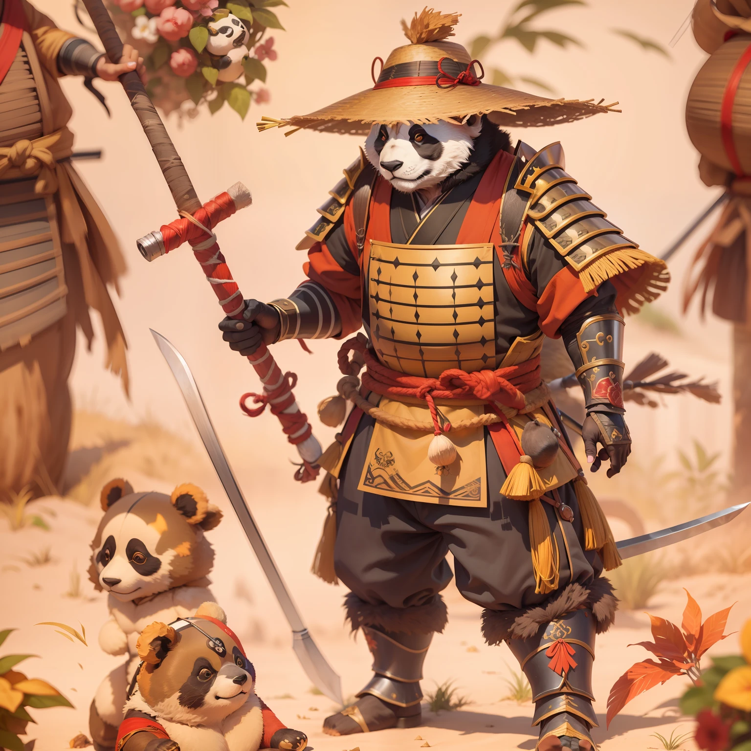 homem fera com rosto e corpo panda, anatomia humana, corpo peludo, corpo de panda barrigudinho, rpg, usando armadura japonesa samurai antiga, golden and red coloration, using pointed spear in one hand, wearing straw hat.