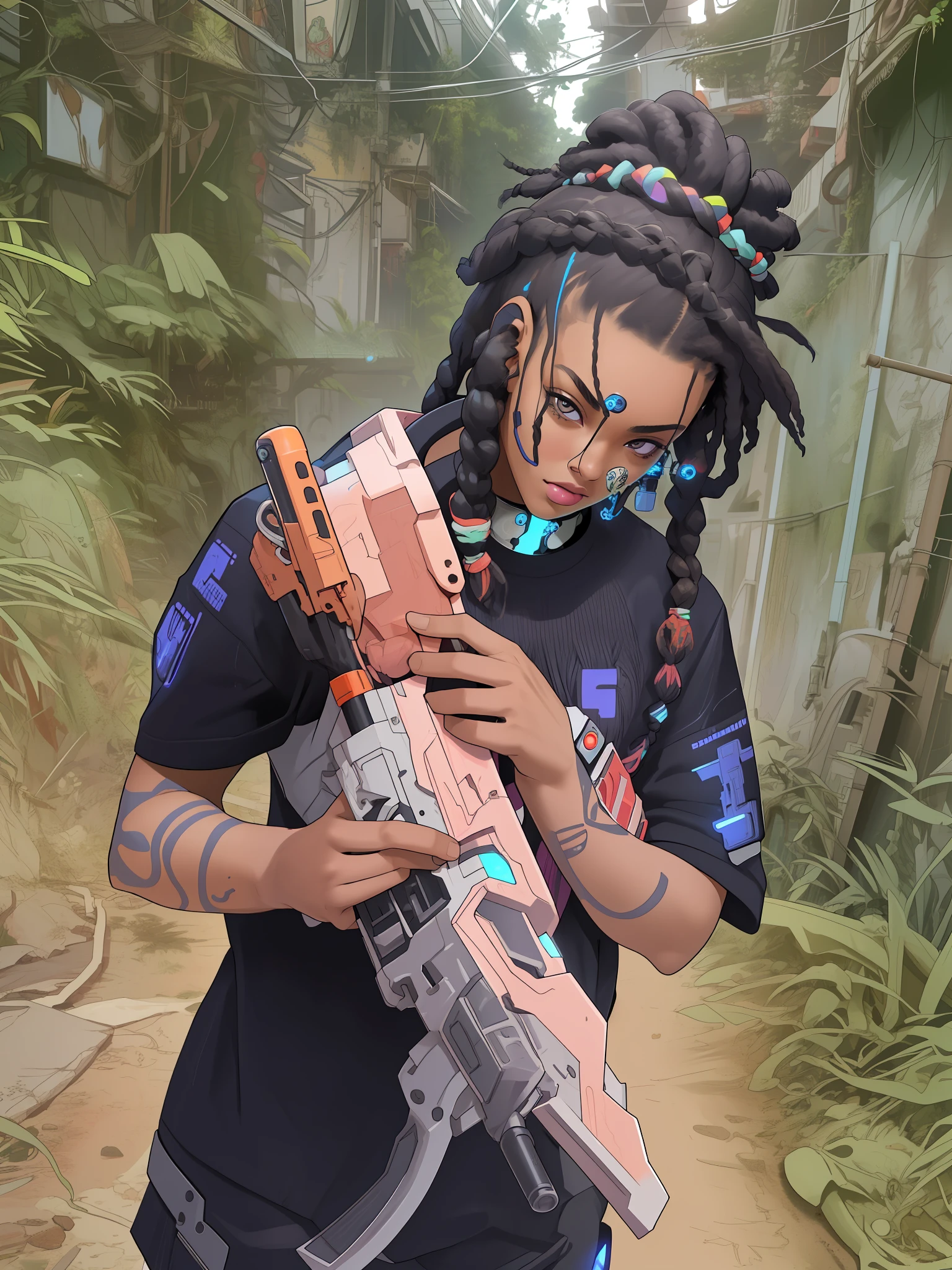 Young afro with braids, Cyberpunk seguramdo uma arma ok