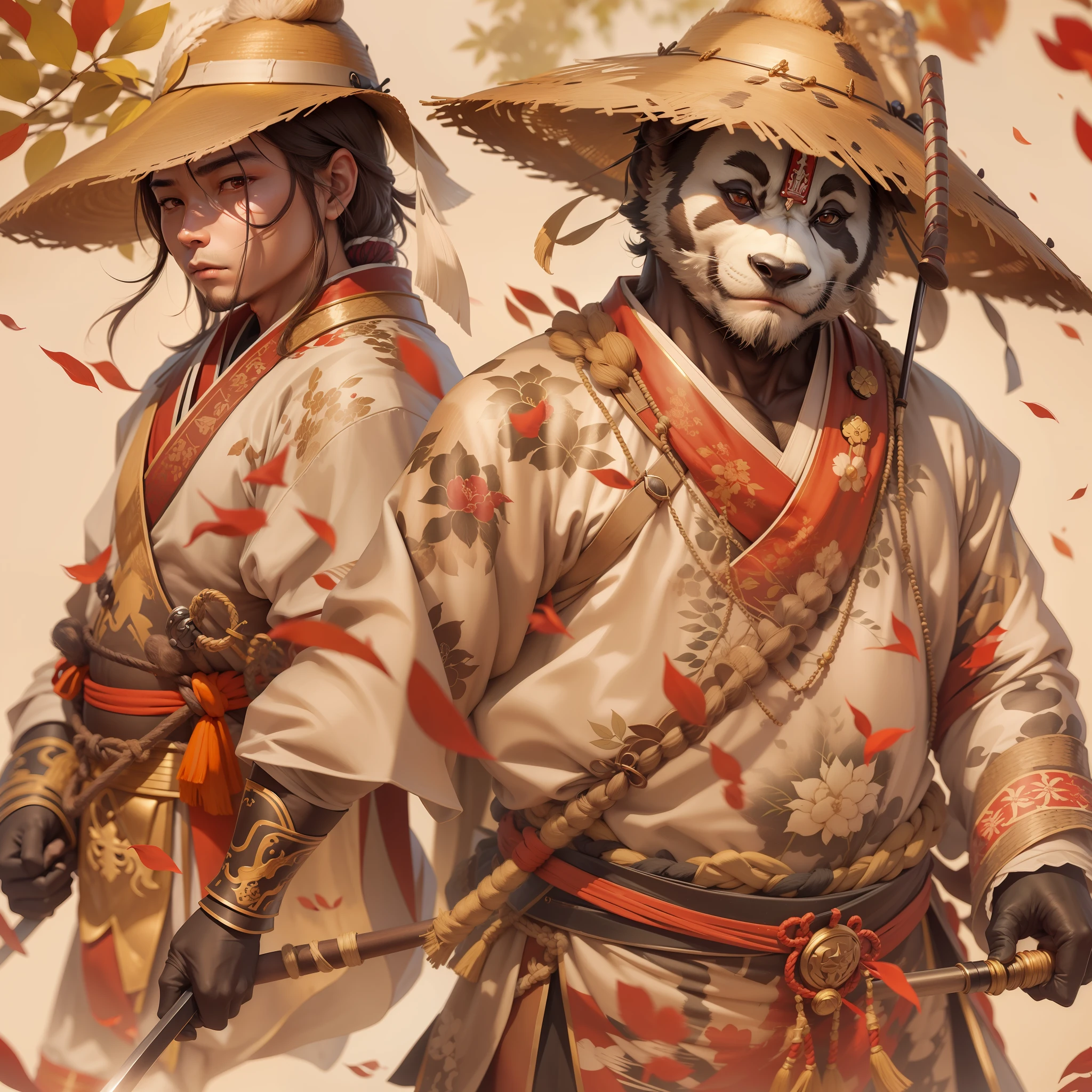 homem fera com rosto e corpo panda, anatomia humana, corpo peludo, corpo de panda barrigudinho, rpg, usando armadura japonesa samurai antiga, golden and red coloration, using pointed spear in one hand, wearing straw hat.