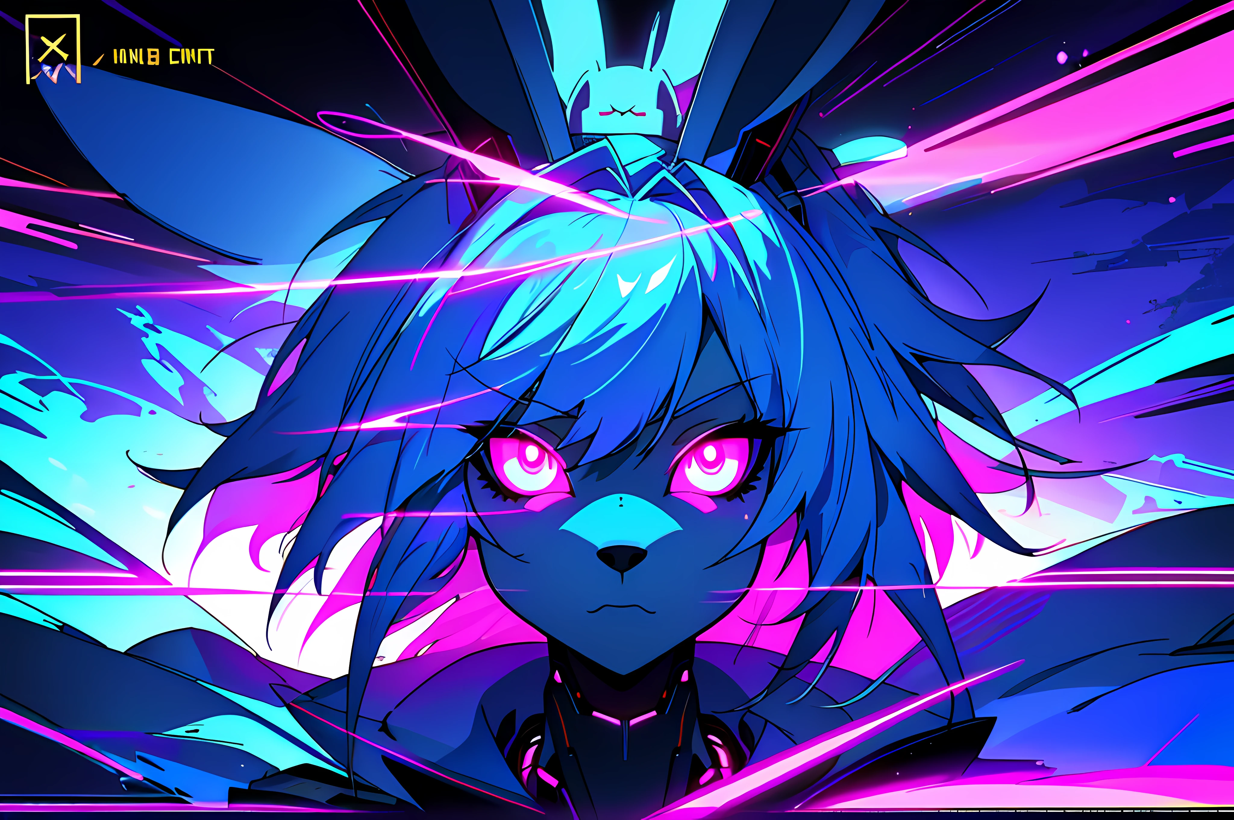 (vintage vhs), (crt screenshot), (Zen, Amy Sol style), a blue anthro furry kemono rabbit, (vast decrepit scenery:1.2) blame! style, furry azure blue bunny rabbit in a purple shirt with a black background, cute intense bunny, blue anthropomorphic bunny rabbit, with glowing eyes, anthro portrait, head-on portrait, nightmarish illustration, glowing eyes everywhere, intense eye contact, hybrid human / anthro, electrixbunny, rabbit anthro portrait, ((portrait)), bunnypunk, weirdcore voidpunk fursona, wearing bunny ears, cover art with light abstraction, abstract, simple vector art, contemporary Cybernetic art, color gradients, soft color palettes, layered forms, whimsical animation, style Ethereal abstract, 4K, --v6