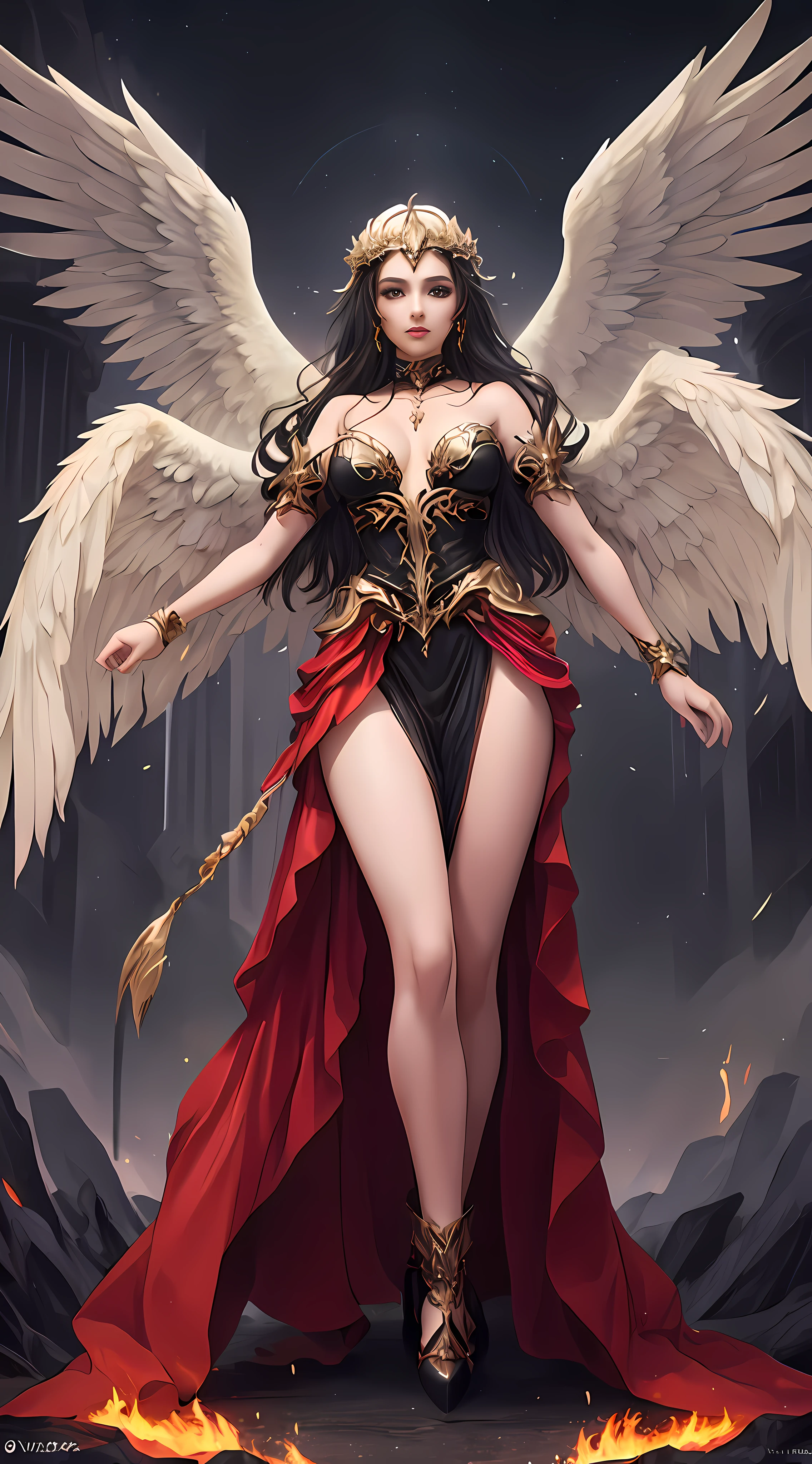 Una mujer con un vestido con alas y una corona en la cabeza, con ardientes alas doradas de llamas, con ardientes alas doradas, full - body majestic angel, aparece como la diosa del fuego, fantasy art behance, Diosa de la ira, beautiful female angel, tall female angel, Diosa del Fuego, beautiful angel, Ganador del concurso CGSOCIETY!!!, Ganador del concurso CGSOCIETY!!