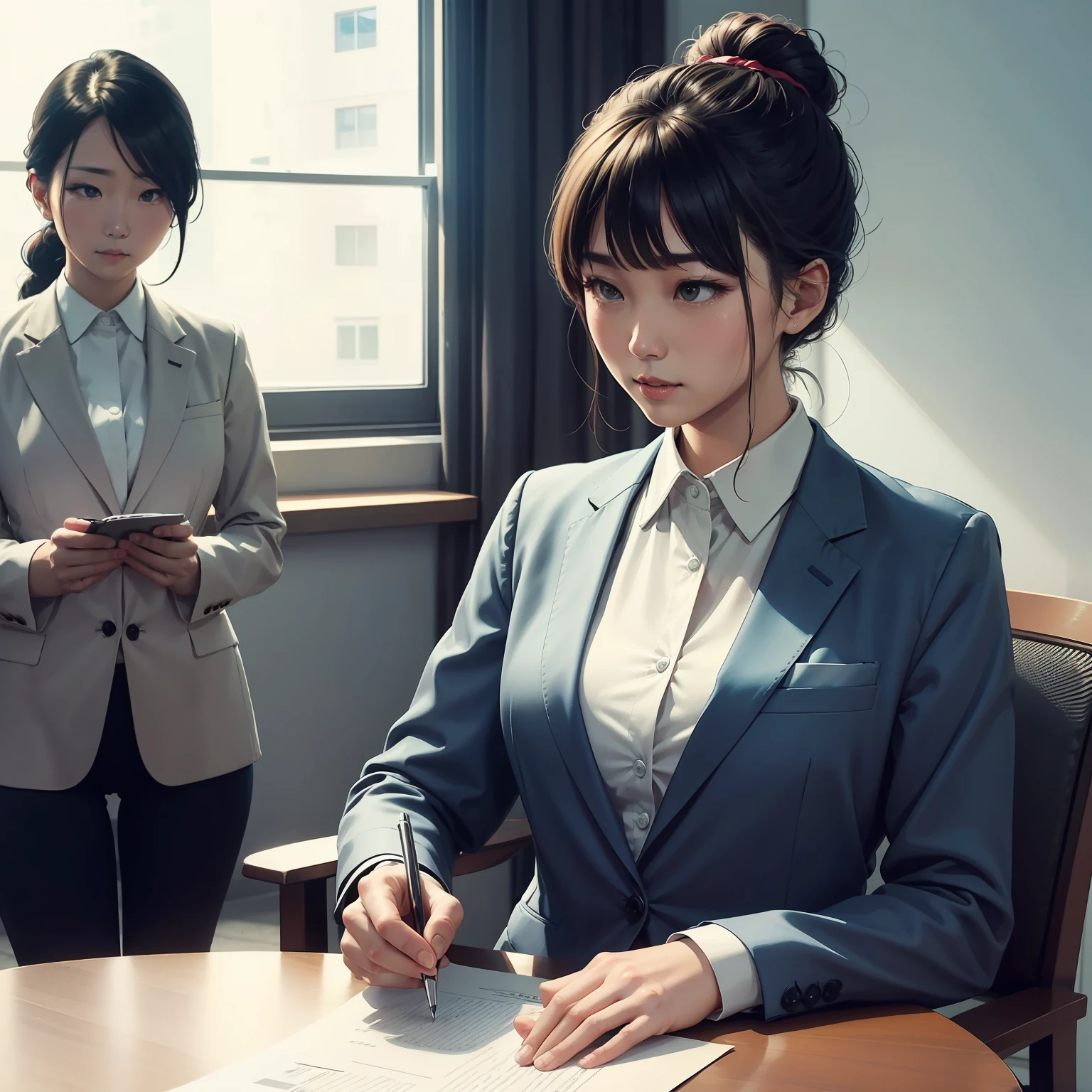 Hands on her lap answering the interviewer's questions、suits、Hair tied into one at the back、Just live、Comic style --auto