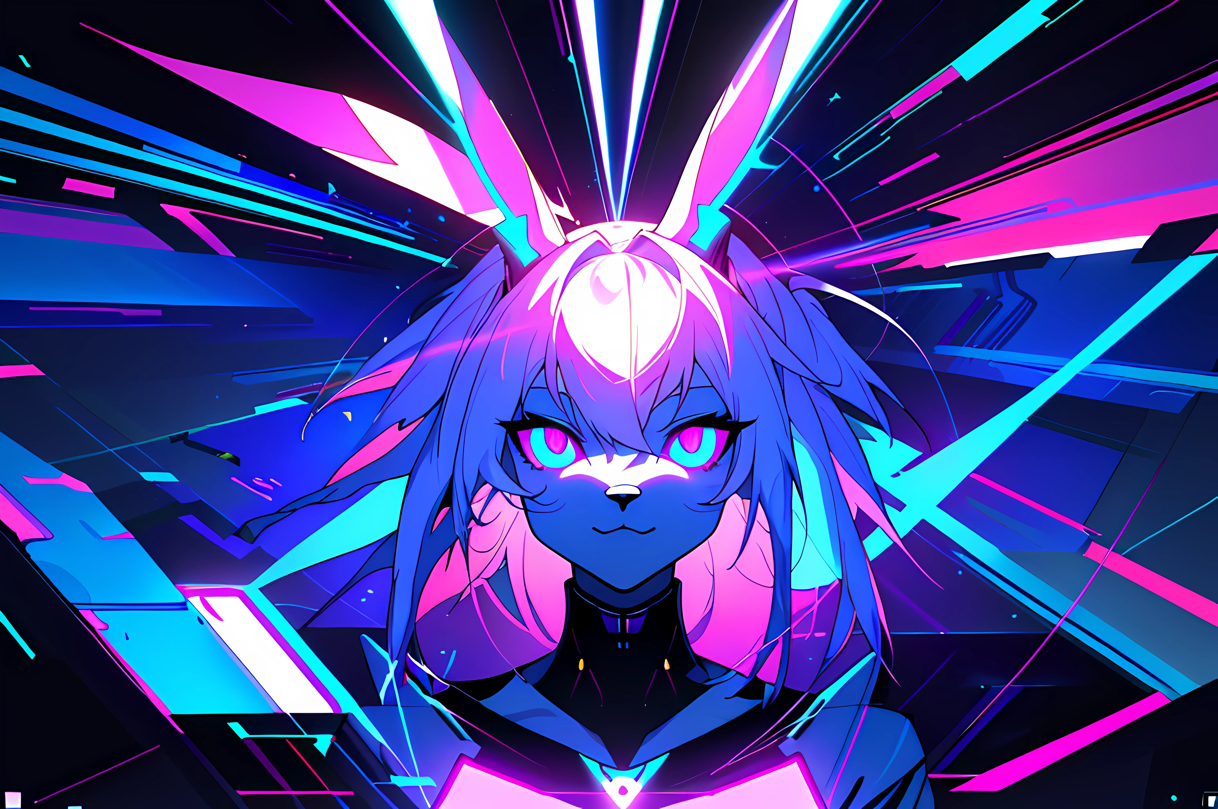 (vintage vhs), (crt screenshot), (Zen, Amy Sol style), a blue anthro furry kemono rabbit, (vast decrepit scenery:1.2) blame! style, furry azure blue bunny rabbit in a purple shirt with a black background, cute intense bunny, blue anthropomorphic bunny rabbit, with glowing eyes, anthro portrait, head-on portrait, nightmarish illustration, glowing eyes everywhere, intense eye contact, hybrid human / anthro, electrixbunny, rabbit anthro portrait, ((portrait)), bunnypunk, weirdcore voidpunk fursona, wearing bunny ears, cover art with light abstraction, abstract, simple vector art, contemporary Cybernetic art, color gradients, soft color palettes, layered forms, whimsical animation, style Ethereal abstract, 4K, --v6