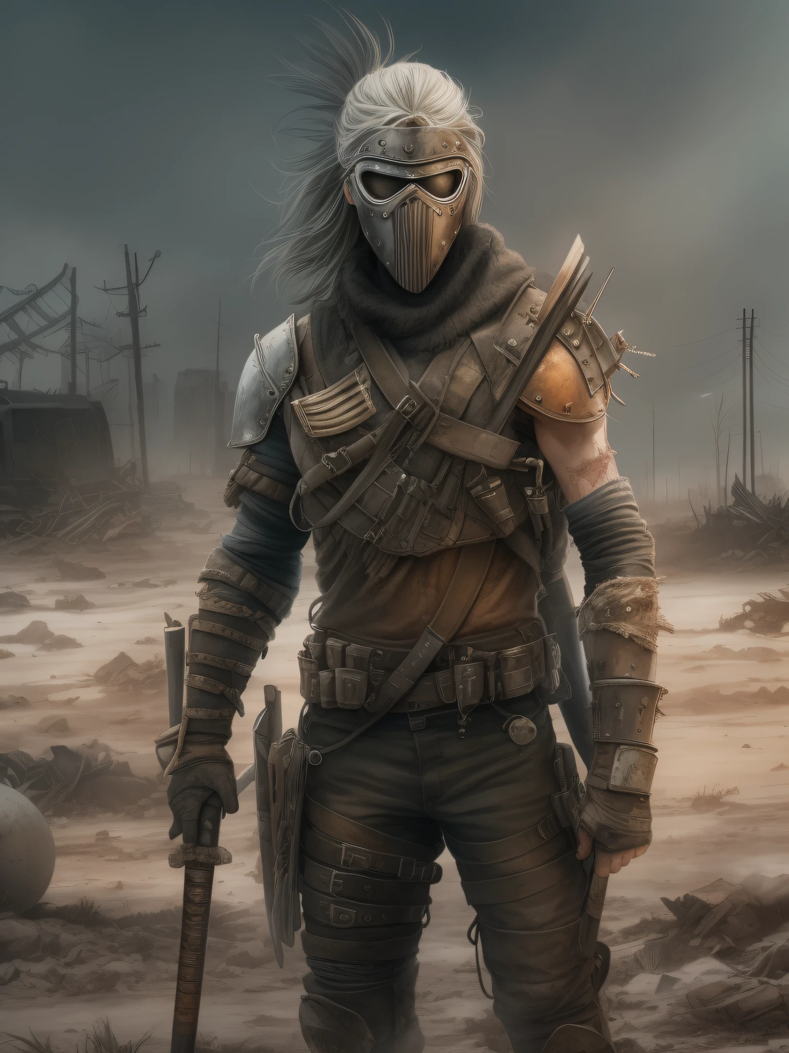 A portrait of a post-apocalyptic warrior with battle scars, armor, and weapons, standing in a desolate wasteland, in a detailed digital painting with gritty textures, inspired by the Mad Max franchise