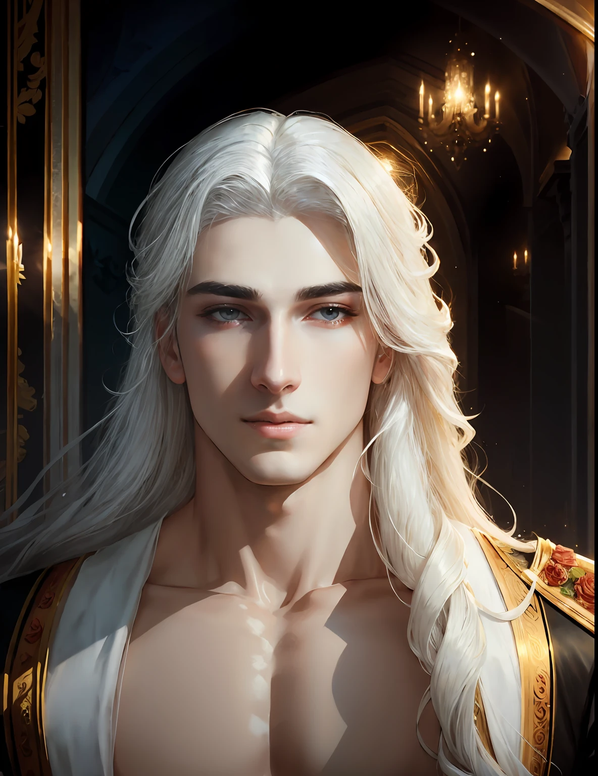 masterpiece, highest quality, (solo focus), (perfect face:1.1), (high detail:1.1),dramatic, 1guy, (pale skin), long white hair, white eyes, [light eyebrows], solo, long hair, moon, night, white luxury suit, covered navel, pouty lips, (beauty marks),  palace, detailed background, art by artgerm and greg rutkowski,  cinematic lighting, roses, suggestive