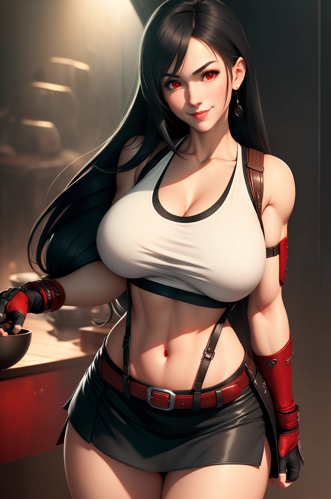 Highly detailed, High Quality, Masterpiece, beautiful, TifaOG, white tank top, black miniskirt, 1girl, solo, cowboy shot, light smile, arm behind back, red eyes (very huge breasts) sfw, covered breasts