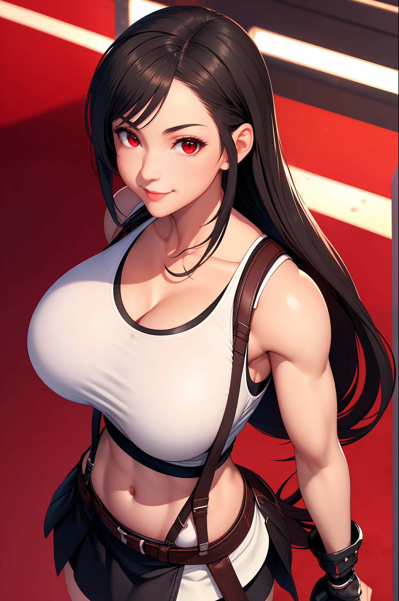 Highly detailed, High Quality, Masterpiece, beautiful, TifaOG, white tank top, black miniskirt, 1girl, solo, cowboy shot, light smile, arm behind back, red eyes (very huge breasts) sfw, covered breasts(view from above)
