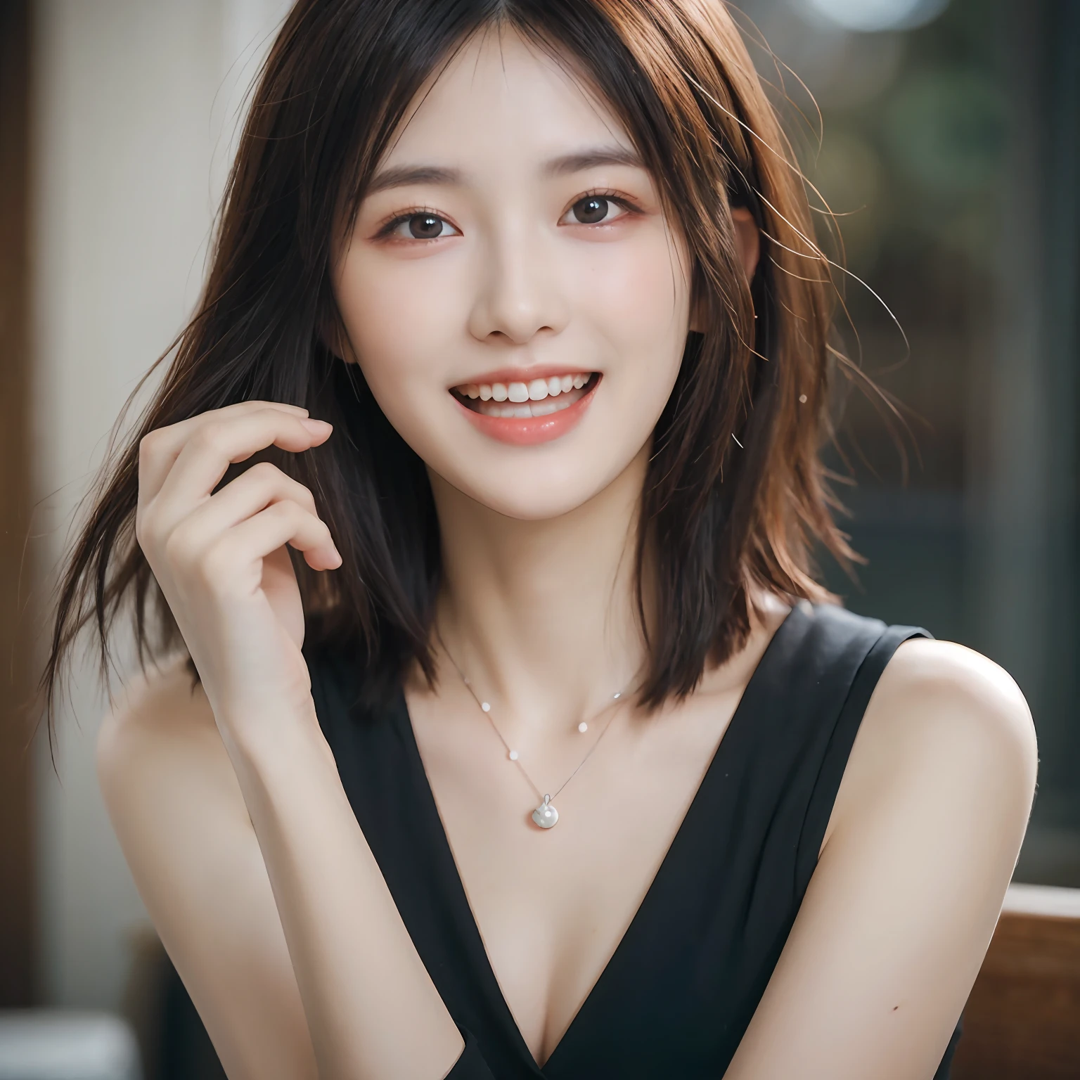Dressed, (photographrealistic:1.4), (Hyper realistic:1.4), (Realistic:1.3), (Smoother lighting:1.05), (increase cinematic lighting quality:0.9), 32K, 1girl in,25-years old, Realistic lighting, Backlighting, Light on Face, raytrace, (Brightening light:1.2), (Increase quality:1.4), (Top quality real texture skins:1.4), finely detailed eyes, finerly detailed face, (tired and sleepy and joy:0), (Laugh:1.4), Black Suit,a necklace, (Increase body line mood:1.1), (Increase the beauty of skin texture:1.1)