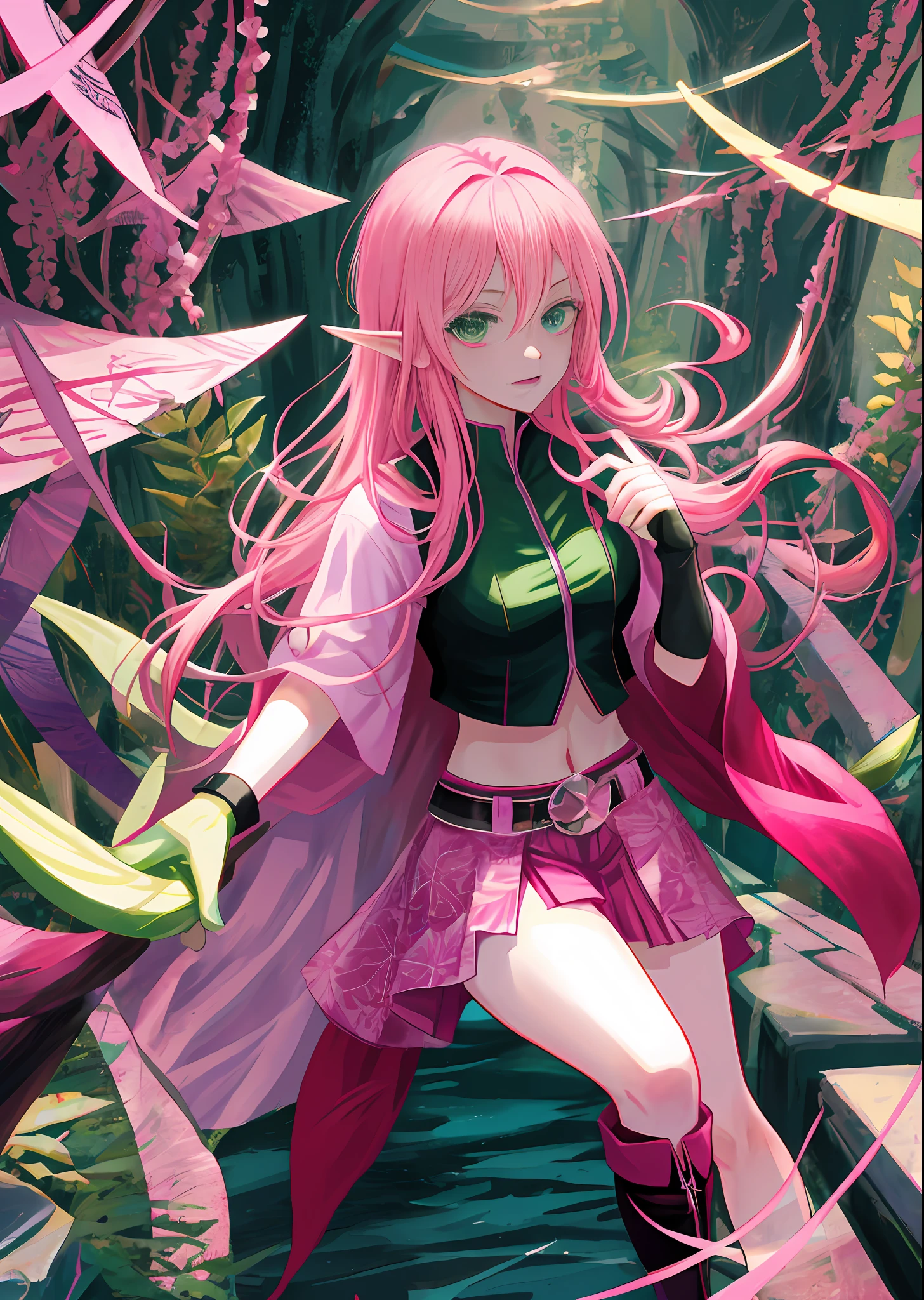 SAKURA HARUNO, with incredible power, byakugou, pink hair, green eyes, elf ears, vampire tooth, black gloves